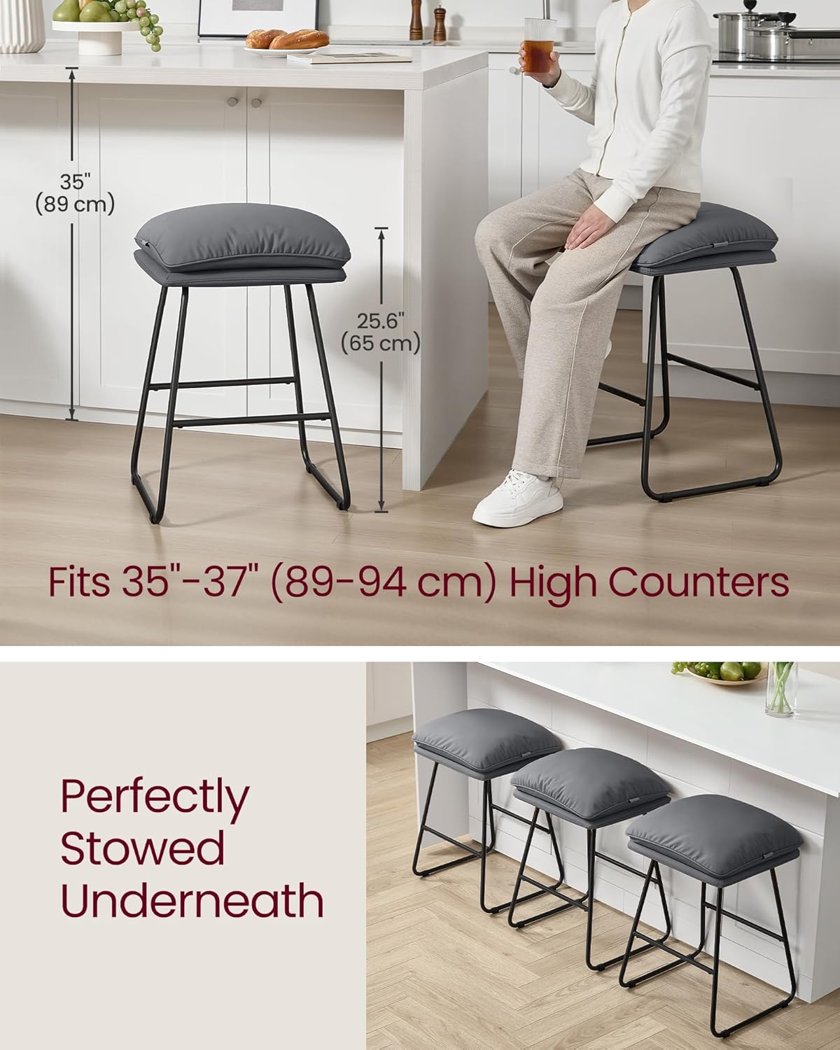 VASAGLE Bar Stools Set of 2, Counter Height Bar Stools, Leather Counter Stools Barstools with Soft Cushion and Metal Sled Legs, 25.6 Inches Bar Height Bar Chairs for Kitchen Island, Slate Gray