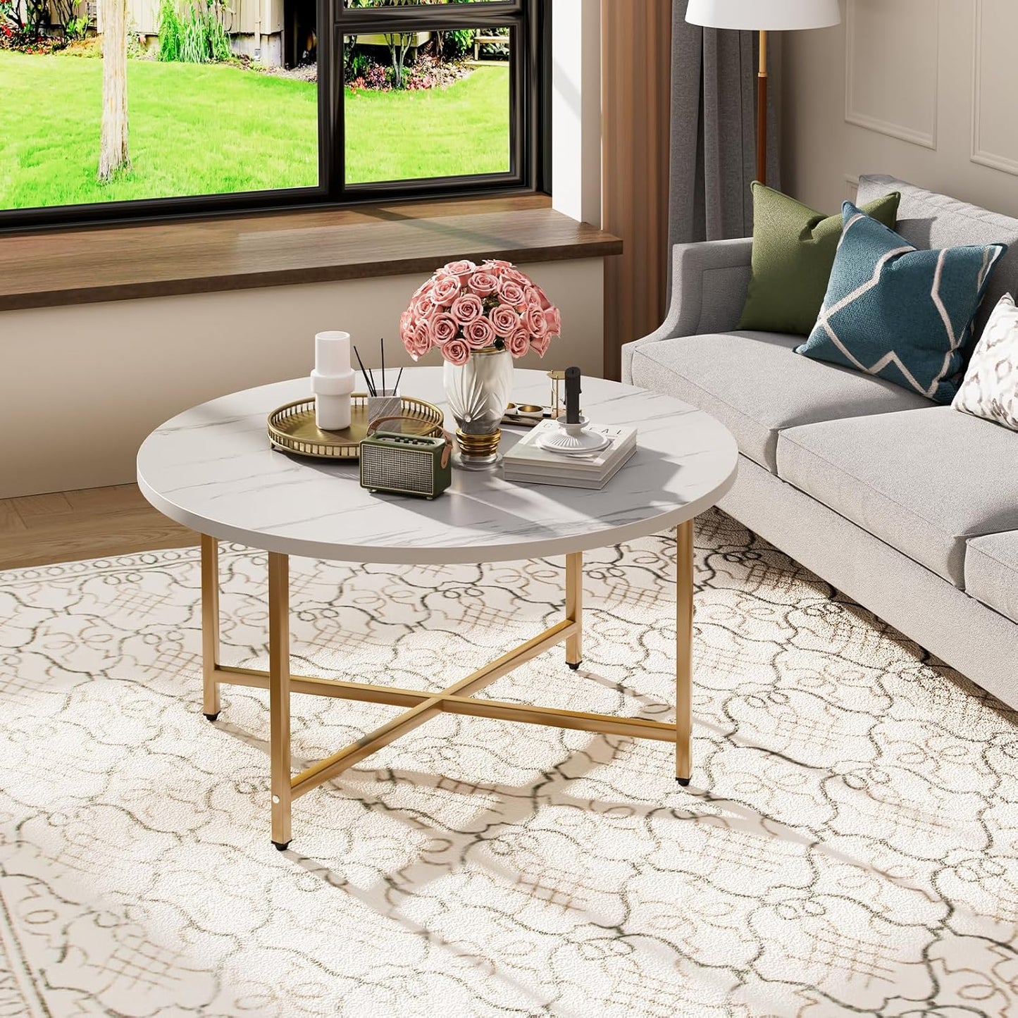 Round Coffee Table, 31.5" Circle Coffee Table, Coffee Tables Living Room, Gold Coffee Table Round for Indoor & Outdoor Use, Office, Patio or Garden, Large White & Gold (31.5" D x 17.7" H)