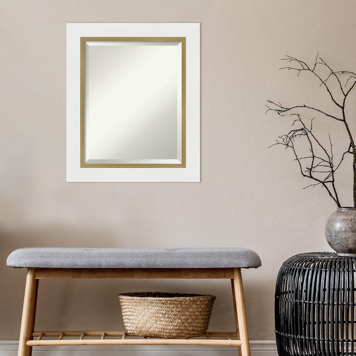 Amanti Art White Bathroom Mirror for Over Sink, 25x21 Eva White Gold Rectangle Vanity Mirror, Small Modern Contemporary Frame, Hangs Horizonally and Vertically, Bathroom Wall Decor, Beveled Edge