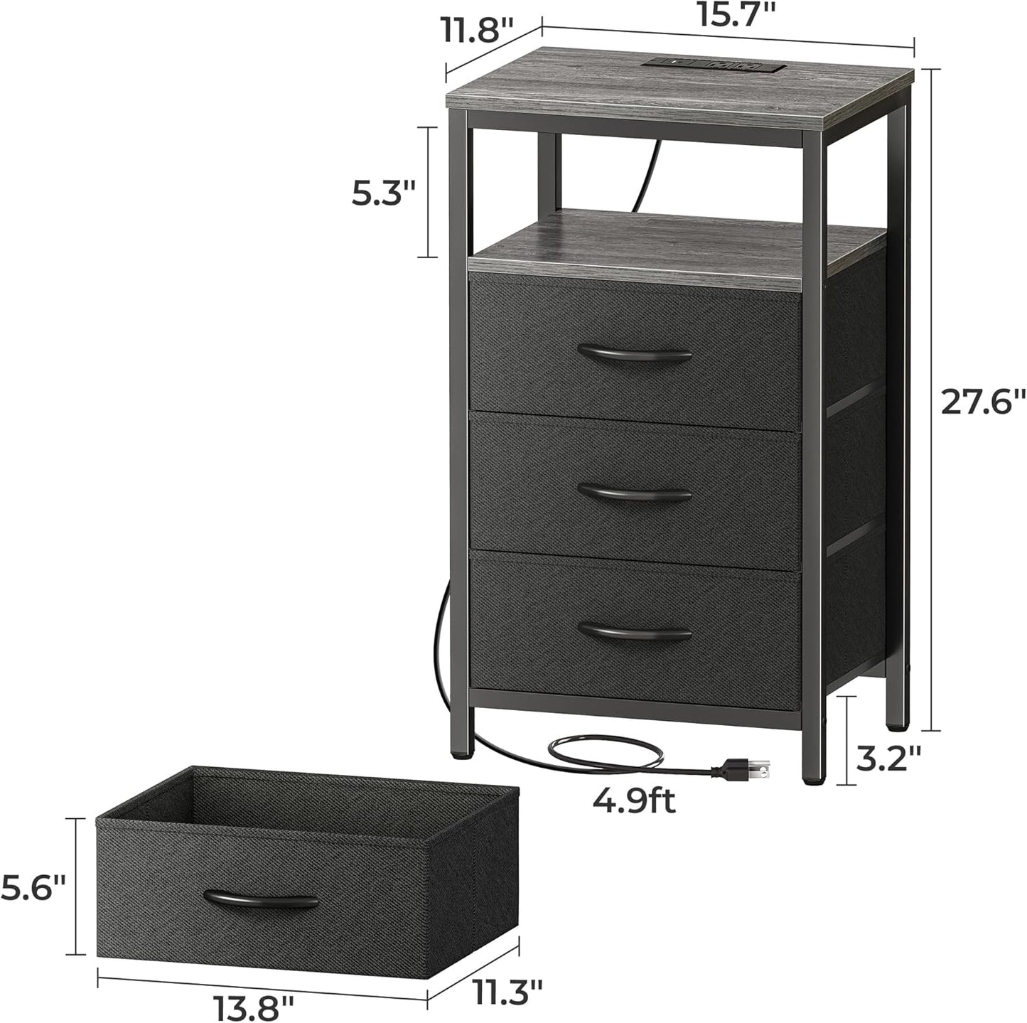 Huuger Nightstand with Charging Station, 27.6 Inch End Table Bedside Table with USB Ports and Outlets, Fabric Drawers, Night Stand for Bedroom, Charcoal Gray