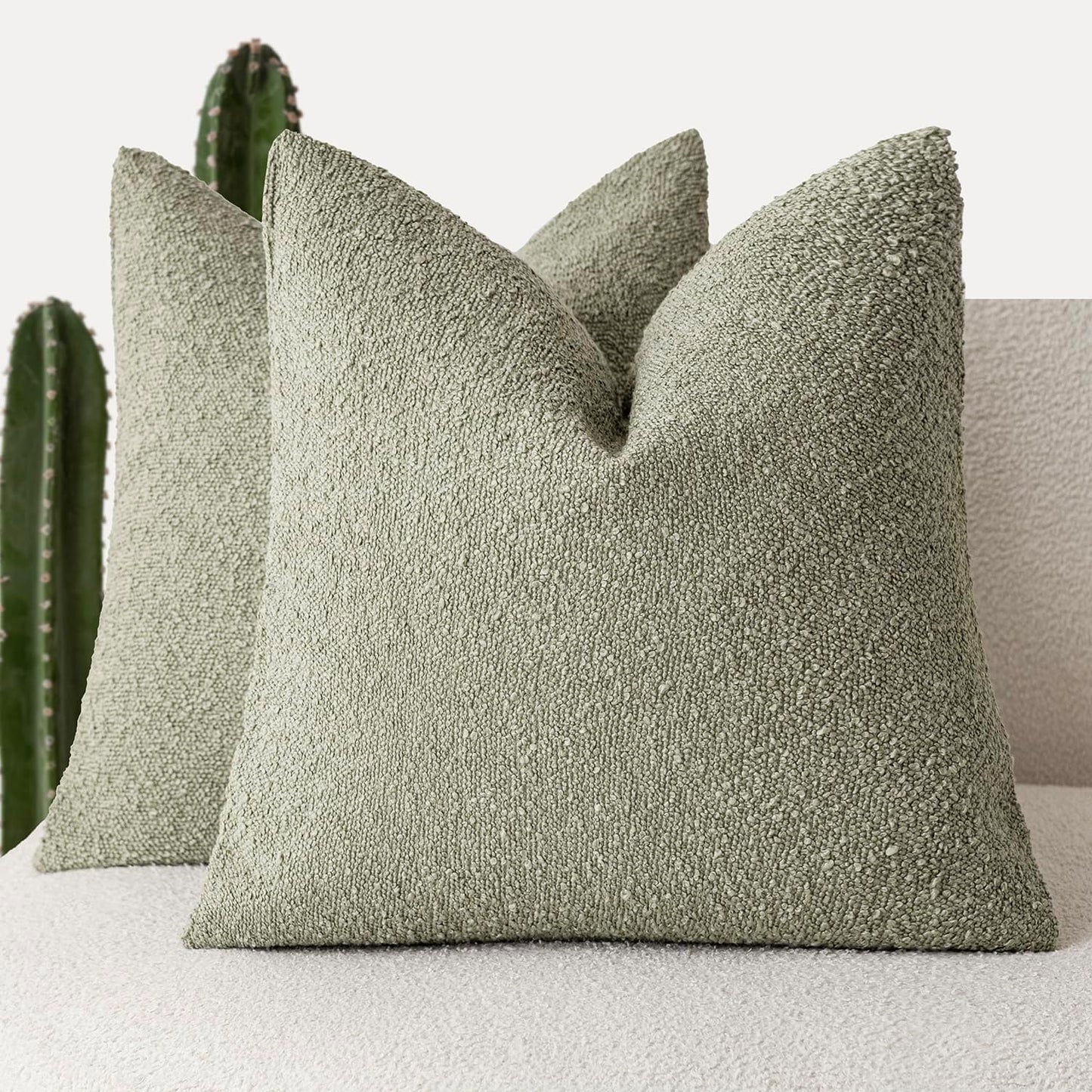 Foindtower Pack of 2, Decorative Textured Boucle Throw Pillow Covers Accent Solid Pillow Cases Cozy Soft Couch Cushion Case for Chair Sofa Bedroom Living Room Home Decor 22x22 Inch Dirty Sage Green
