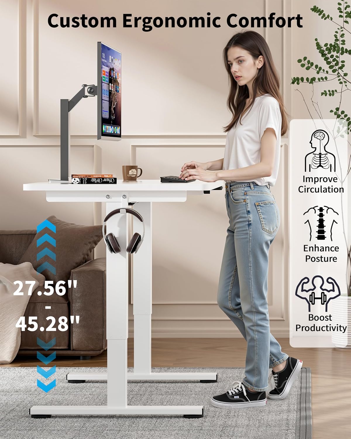 Okin Small Electric Standing Desk, 36" x 24" Whole Piece Height Adjustable Desk, White Sit to Stand Computer Workstation with Wheels for Home Office