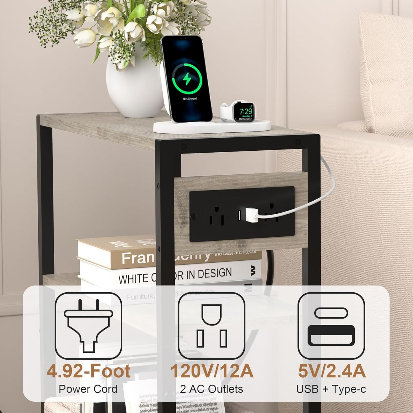 Small Narrow Side Table with Charging Station, Skinny End Table for Small Spaces, Slim Nightstand with Outlets, Sofa Bedside Table in Living Room, Bedroom, Kitchen and Balcony (Greige)