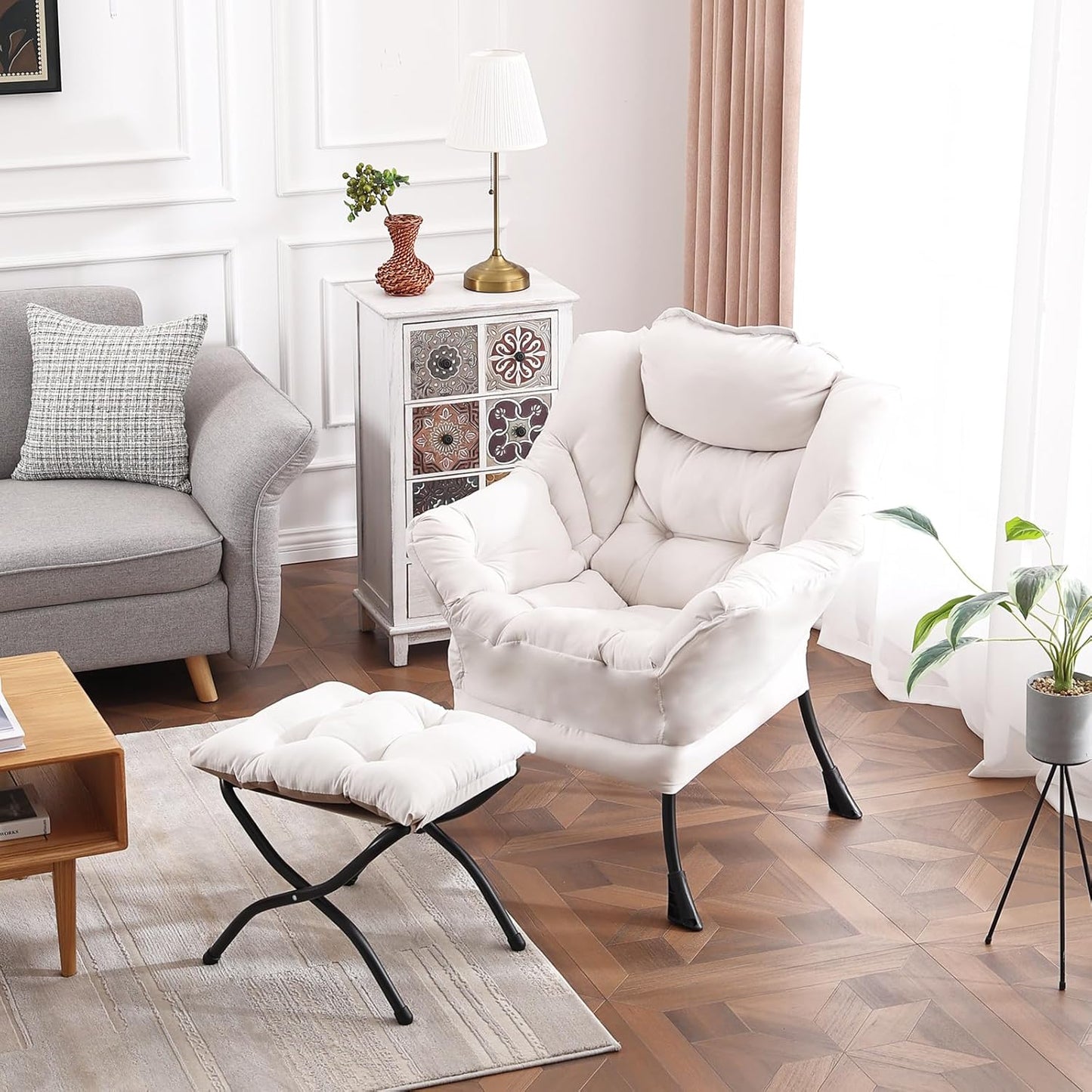 Lazy Chair with Ottoman, Modern Reading Lounge Accent Chair with Armrests and a Side Pocket, Leisure Upholstered Lazy Sofa Set with Footrest for Small Space, Beige