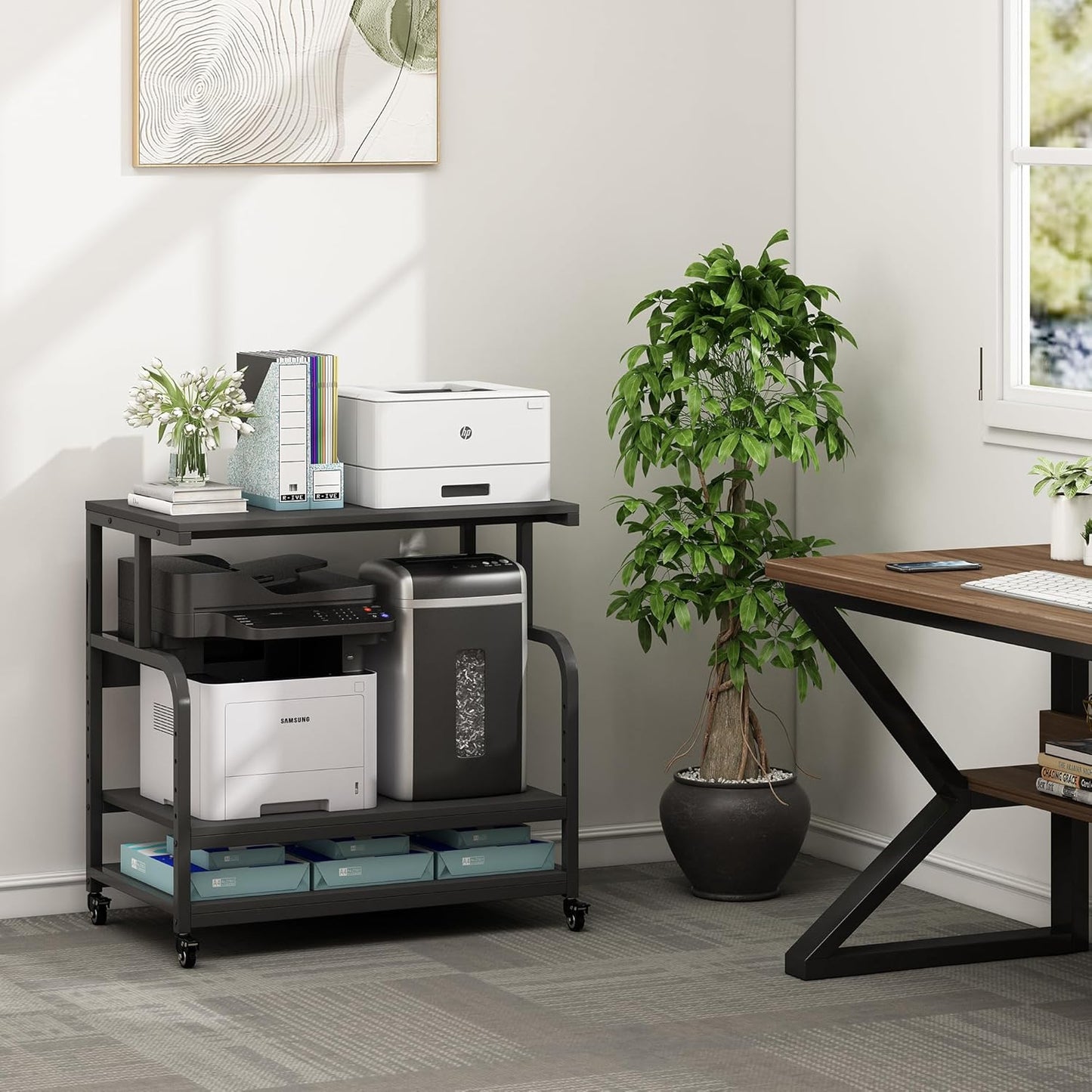 32.3" x 18.9" Extra Large Printer Stand Table with Adjustable Storage Shelf, 3 Tier Rolling Printer Cart with Industrial Wheels for Home Office, Black