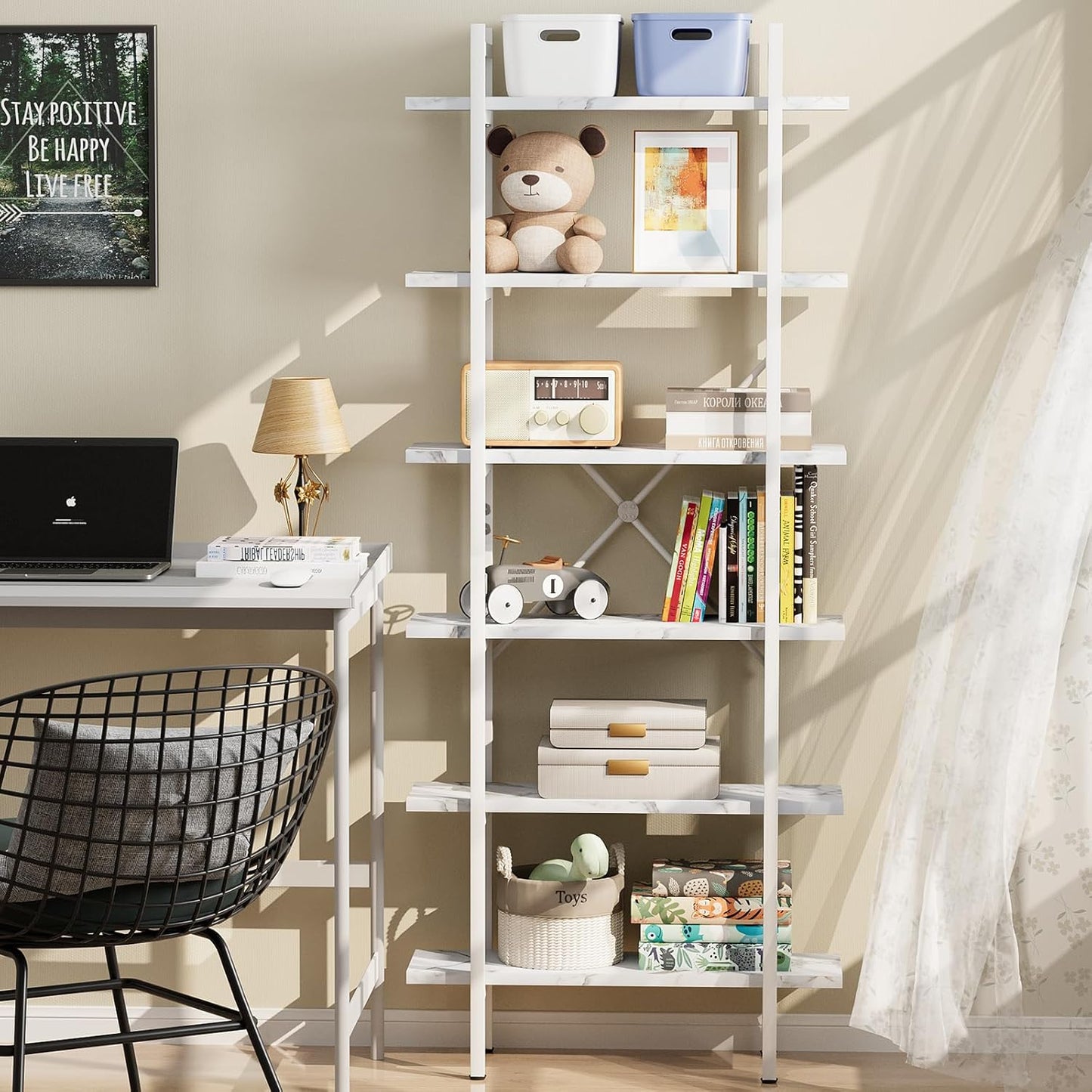 Bookshelf 6 Tiers White Wooden Storage Shelf,Modern Open Display Storage Bookcase Book Organizer,Metal Bookshelf Standing Storage Shelf Tall Shelving Units for Home Office Study