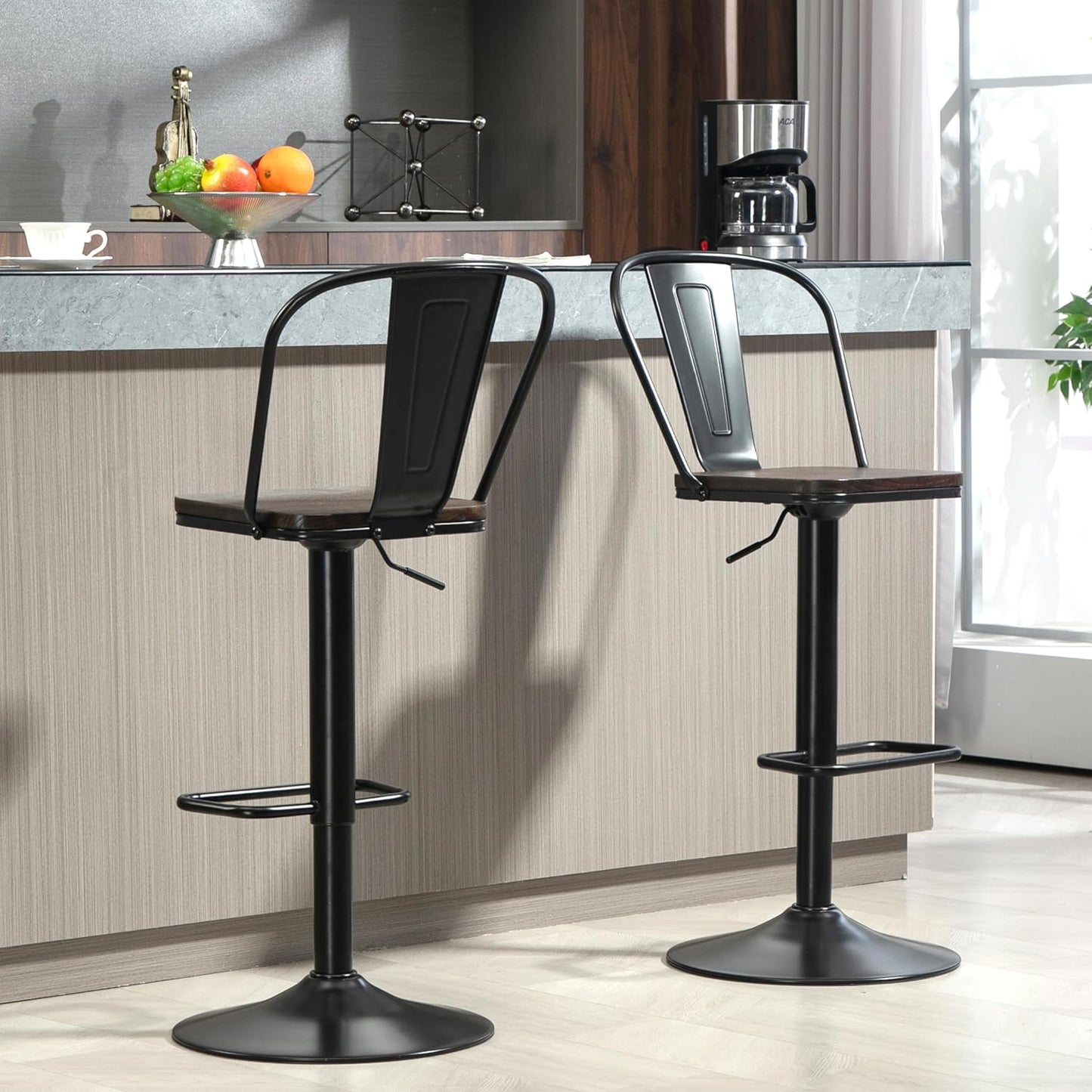 Finnhomy Bar Stools Set of 2 Counter Height, Swivel Barstools with Footrest and L Shape Metal Back, Adjustable Modern Bar Chairs, Modern Design for Kitchen, Black
