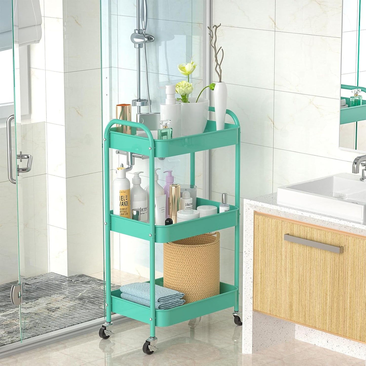 3-Tier Rolling Metal Storage Cart with Wheels, Multi-Functional Organizer for Office, Kitchen, Bathroom, Books Diapers - Easy Assembly (Blue)