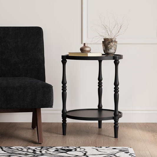 Accent Wood End Table, 2-Tier Round Bedside Table, Natural Side Table Nightstand for Family, Bedroom, Living Room, Handcrafted Finish, Black