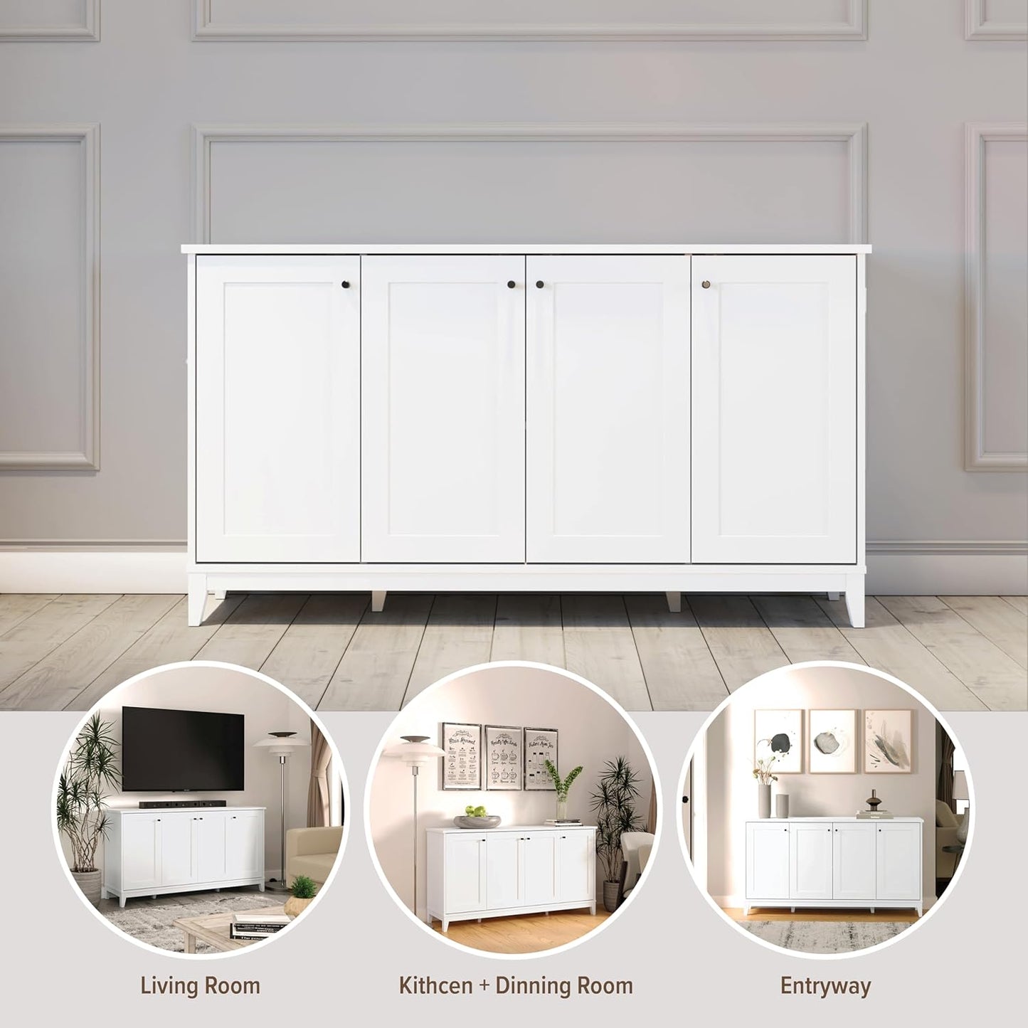 Prepac Yaletown 4 Panel Door Console Table with Storage, White Storage Cabinet with Doors and Shelves, Sideboard Storage Cabinet 60" W x 32" H x 16" D, WCBG-2220-1