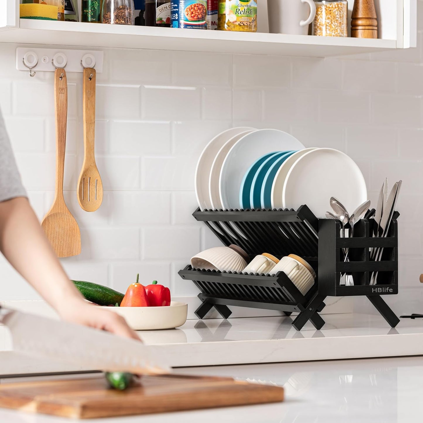 HBlife Dish Rack, Black Bamboo Folding 2-Tier Collapsible Drainer Dish Drying Rack with Utensils Flatware Holder Set (Dish Rack with Utensil Holder)
