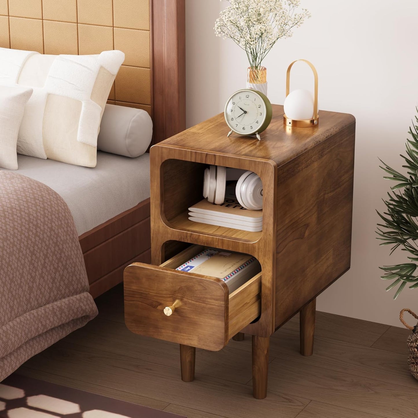 Narrow Nightstand, Solid Wood Night Stand with Drawers, Walnut Mid Century Modern Nightstand, Small Beside Table with Open Storage Shelf for Bedroom (12 inch)