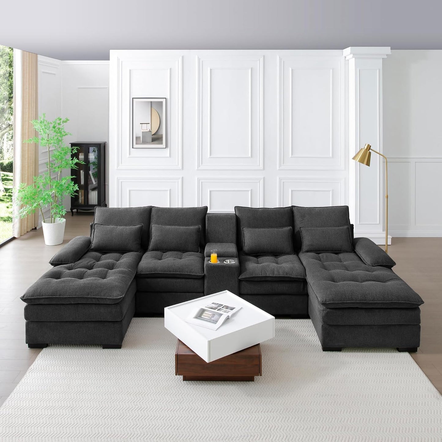 KEIKI 130" U-Shaped 6 seat Sofa with Storage Console, Cup Holders, Upholstered Sectional Sofa, Button Tufted Cloud Cushion Couch for Home, Office, Apartment, Gray