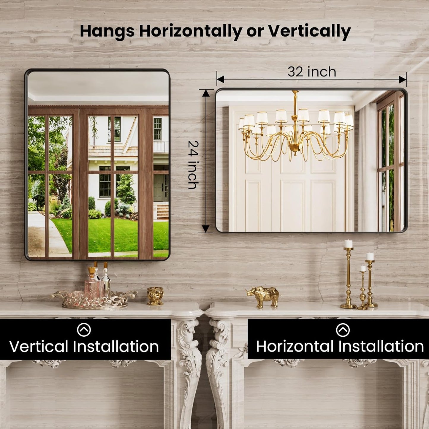 Black Bathroom Mirror, 22x30 Inch Rounded Rectangle Matte Framed Wall Mounted Mirror, Bathroom Vanity Mirror, Tempered Glass, Anti-Rust, Horizontal/Vertical