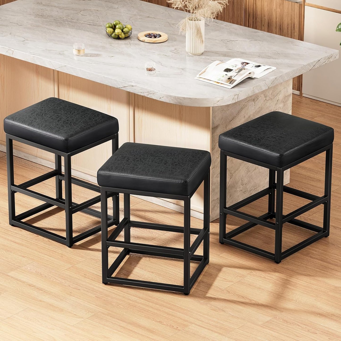 Counter Height Bar Stools Set of 3, 24" Barstools for Kitchen Countertop, Faux Leather Counter Stools with Thick Square Seats & Sturdy Metal Base, Simple Assembly, Black
