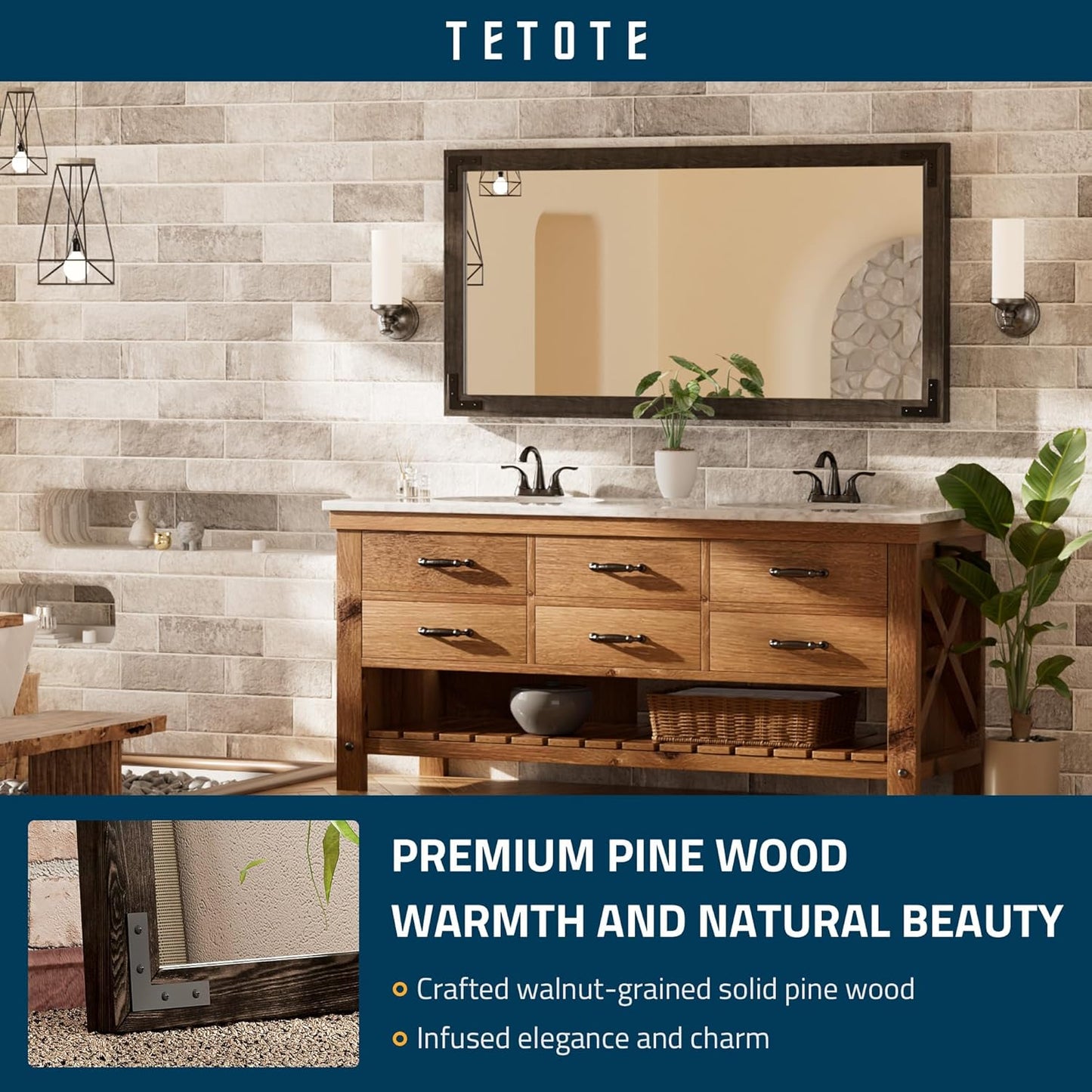 TETOTE 48 x 24 Black Wood Framed Mirror for Bathroom Wall/Bedroom/Living Room/Entryway Farmhouse Rustic Bathroom Vanity Mirror Waterproof (Horizontal/Vertical Mounted)