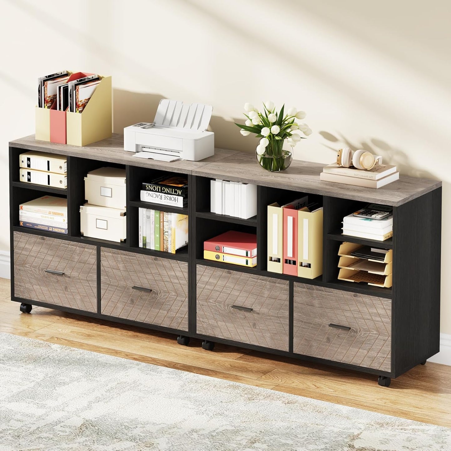 Tribesigns 2-Drawer Wood File Cabinet, Mobile Lateral Filing Cabinet for Hanging Letter Size Files, Printer Stand with Open Storage Shelves for Home Office (Gray & Black)