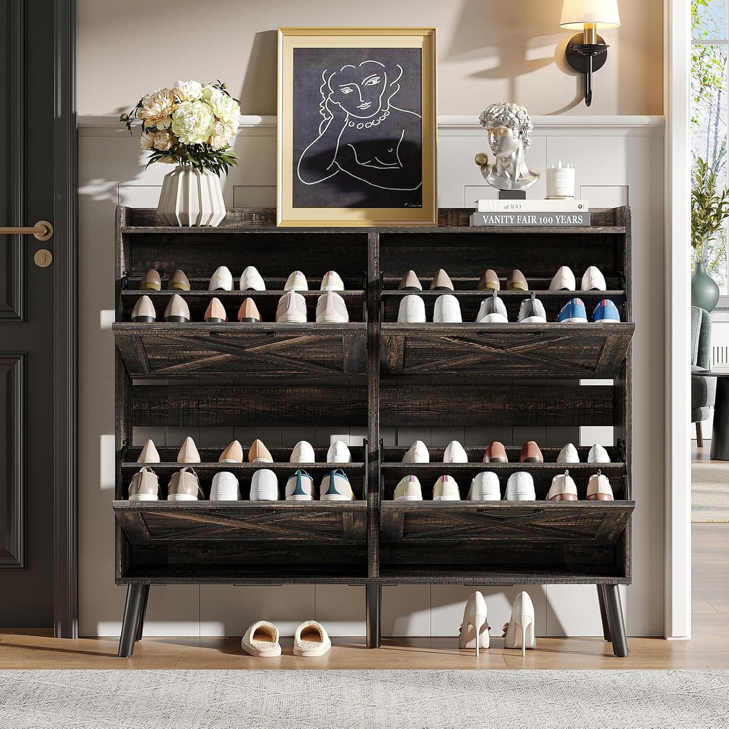 Maupvit Large Shoe Storage Cabinet with 4 Flip Drawers, Narrow Shoe Cabinet for Entryway with Wooden Legs, Freestanding Hidden Shoe Rack Organizer ＆ Metal Hinges, Dark Rustic Oak