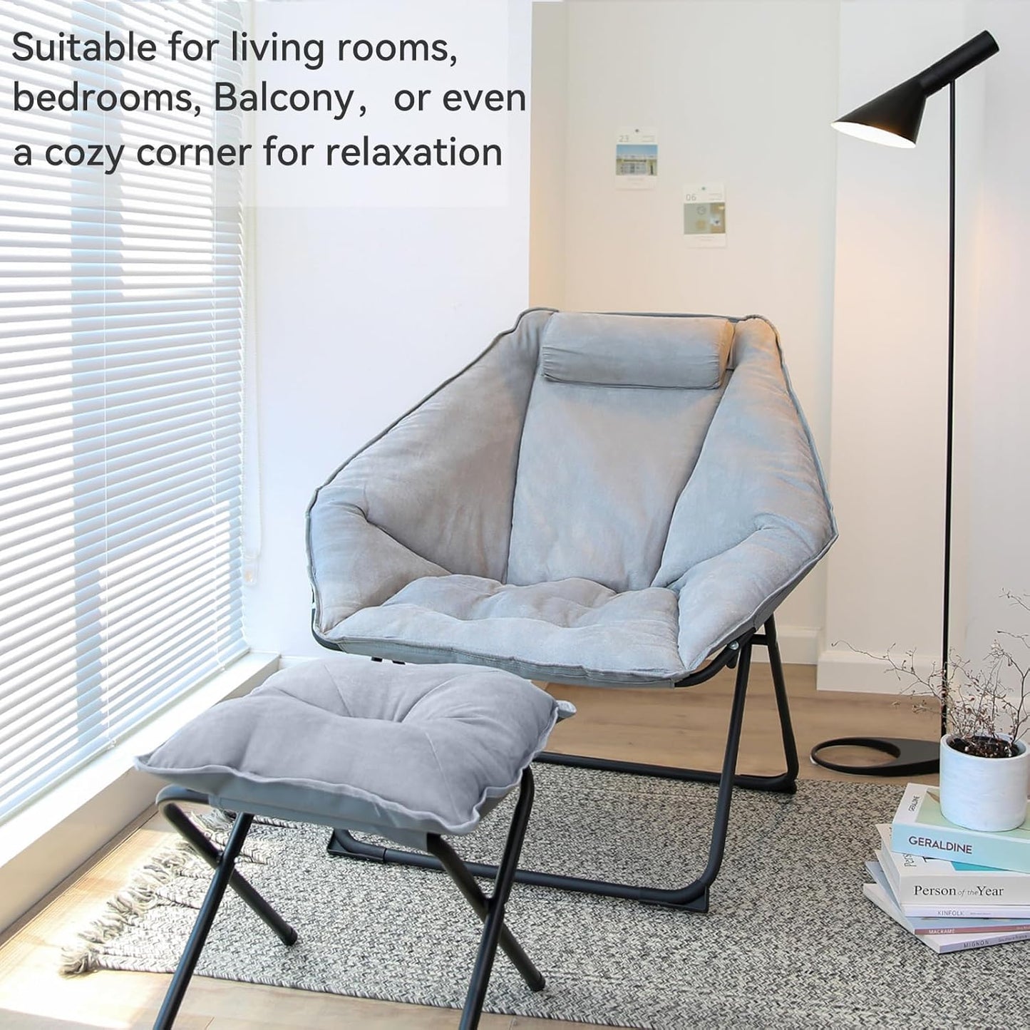 Hexagon Foldable Living Room Chair, Saucer Chair for Adults, Comfy Bedroom Lounge Chair, Moon Chair, Lazy Folding Chair for Dorm Rooms (Ottoman-Grey)