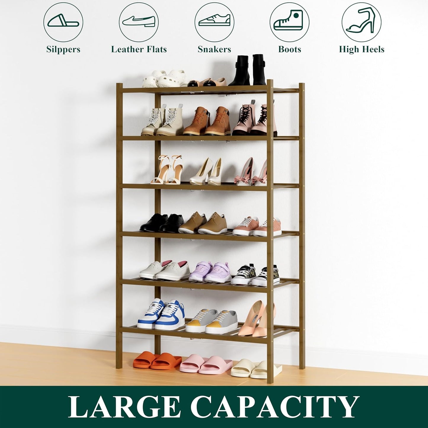 Smiry Shoe Rack, 6 Tier Thick Bamboo Shoe Organizer, Stackable Free Standing Wooden Shoe Storage Shelf for Closet, Entryway, Front Door Entrance, Walnut