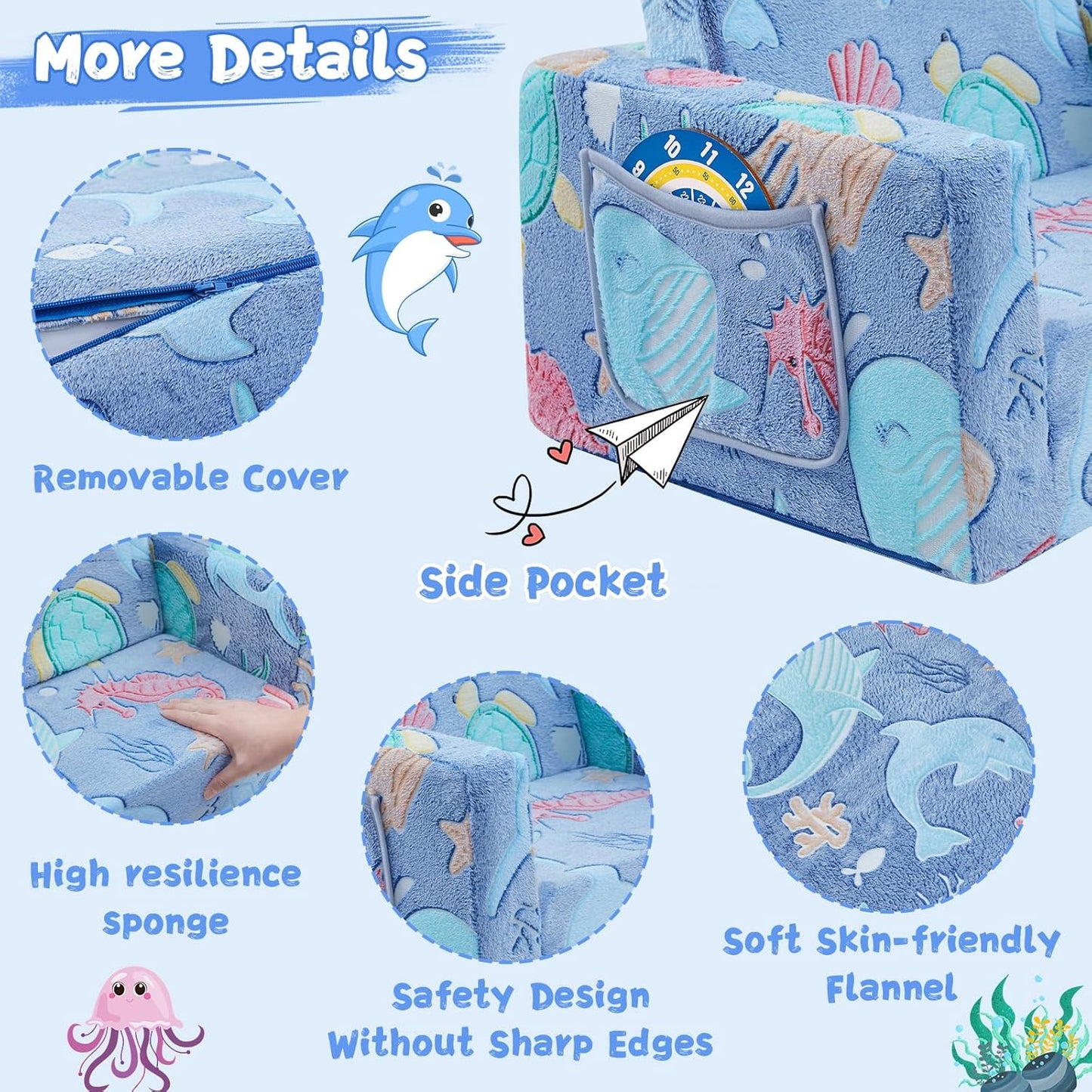 Toddler Chair Comfy,2-in-1 Soft Toddler Couch Fold Out for Kids,Convertible Sofa to Lounger,Gift for Girls and Boys Birthday,Ocean