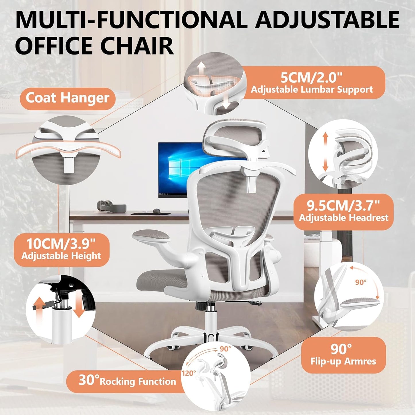 FelixKing Office Chair with Headrest, Ergonomic Desk Chair with Wheels, Task Swivel Comfy Chair with Adjustable Lumbar Support, Breathable Mesh Computer Chair with flip-up Armrests for Home (Gray)