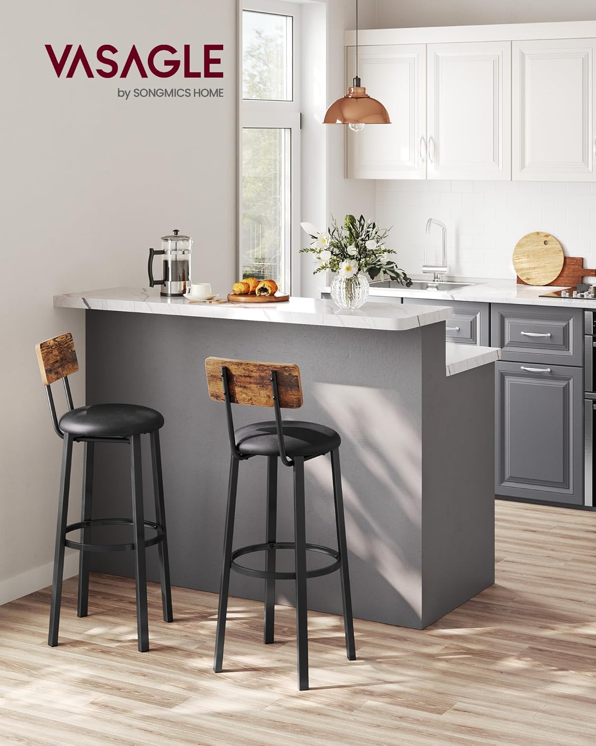 VASAGLE Bar Stools, Set of 2 PU Upholstered Breakfast Stools, 29.7 Inches Barstools with Back and Footrest, Simple Assembly, for Dining Room Kitchen Counter Bar, Rustic Brown and Black ULBC069B81