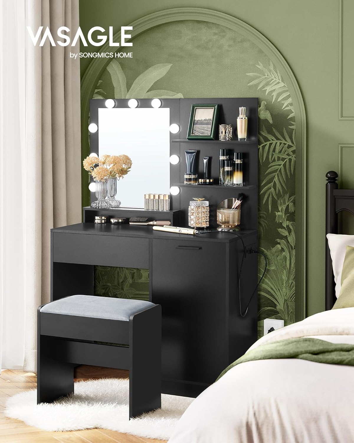 VASAGLE Vanity Desk with Mirror and Lights, 35.4-Inch Wide Makeup Vanity with Upholstered Vanity Stool, Power Outlets, Dimmable LED Lights, Storage Drawer, for Bedroom, Ink Black URDT128B01