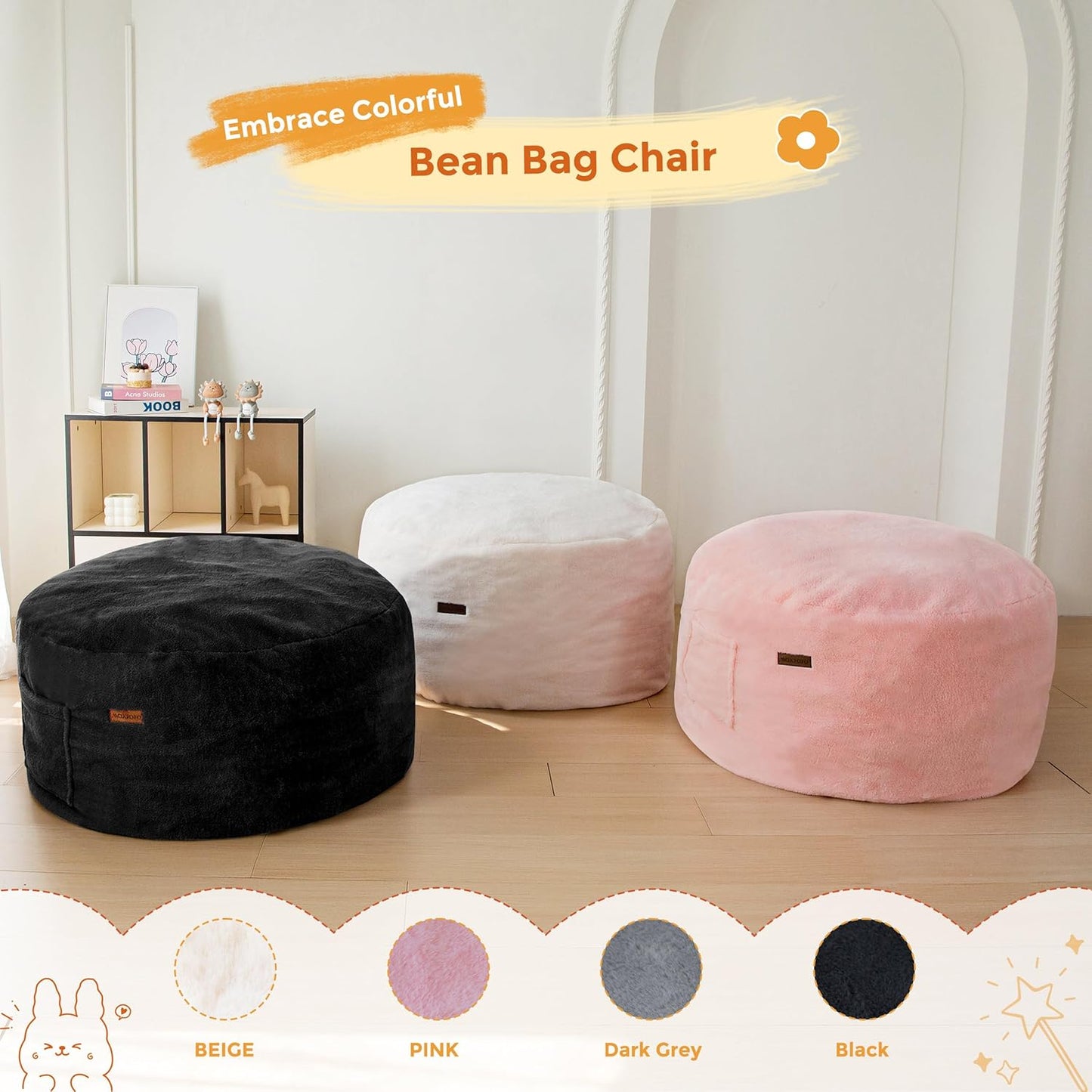 MAXYOYO Kids Bean Bag Chair, Stuffed Faux Fur Bean Bag for Toddler, Ultra Soft Floor Sofa with High-Density Foam Filling, Lazy Chair for Living Room, Playroom, Nursery Room