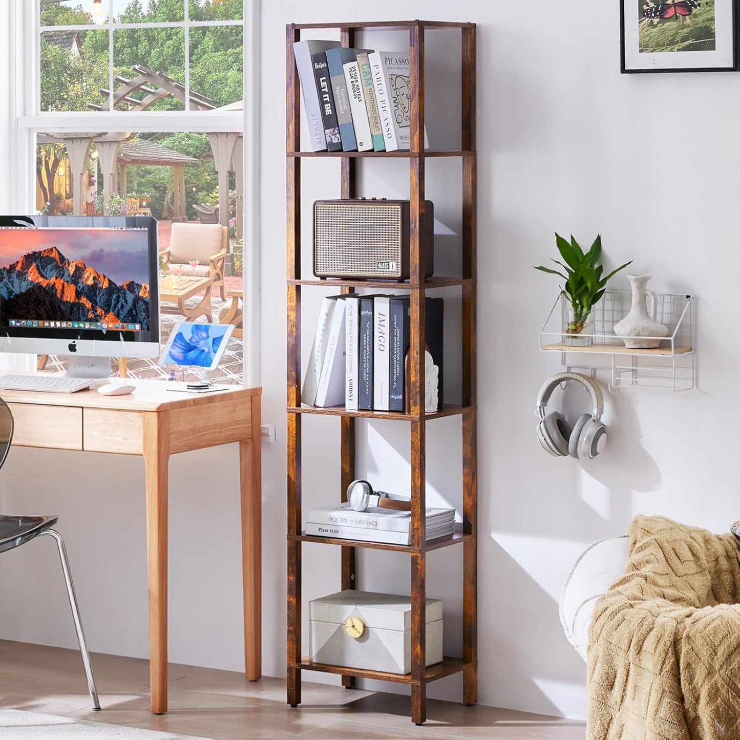 66in Tall Bookshelf 6-Tier Small Narrow Bookcase, Skinny Book Shelf for Small Space, Farmhouse Slim Shelf with Storage, Wood Freestanding Display Thin Bookshelves for Living Room, Office, Brown