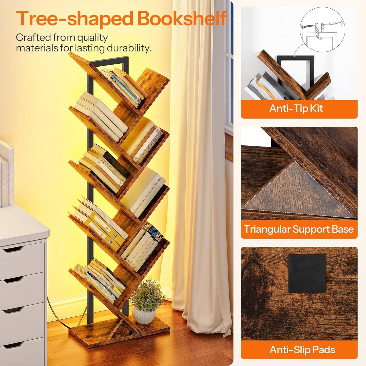 HOOBRO Tree Bookshelf, 9-Tier Tree Bookshelf with Lights, Space-Saving Book Shelf, Holds Books, CDs, Floor Standing Bookcase for Office, Living Room, Bedroom, Rustic Brown and Black BF08DSJ01