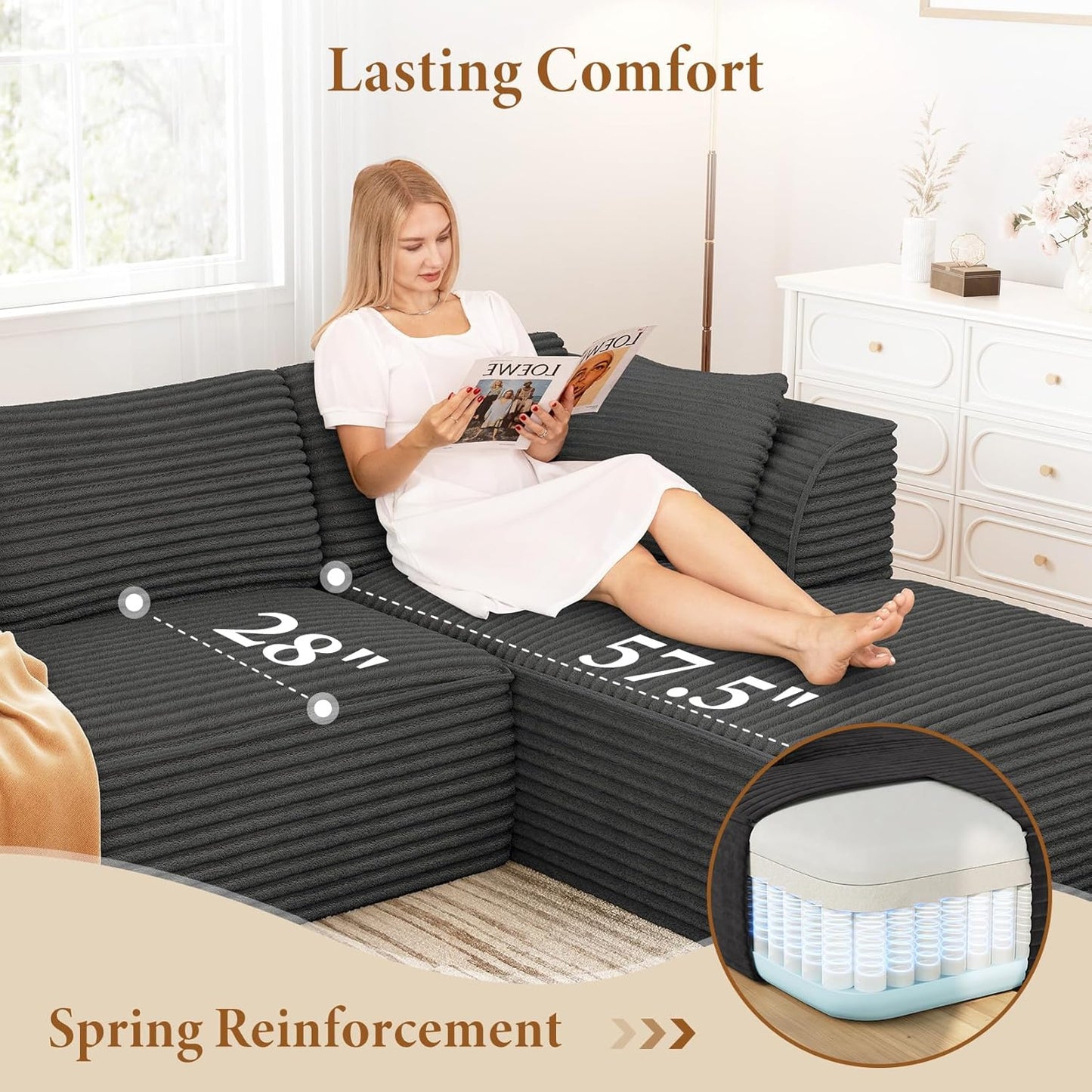 Vesgantti 106" Modular Sectional Sofa with Chaise, Deep Seat Comfy Cloud Couch Corduroy L Shaped Sofa Sectional Couches for Living Room Bedroom, No Assembly Required (Grey, Right-Facing Chaise)