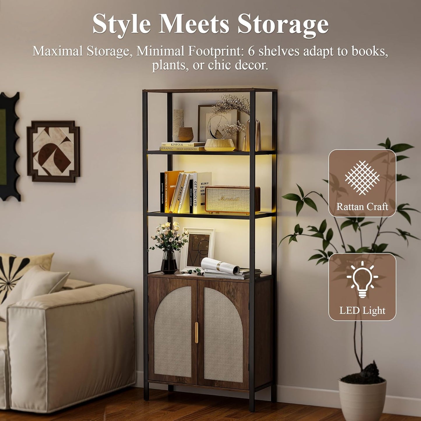 Bookshelf with Rattan Doors, 71" Tall Bookcase with Light and Adjustable Shelf, 5 Tier Book Shelf Storage Organizer for Bedroom, Living Room and Home Office