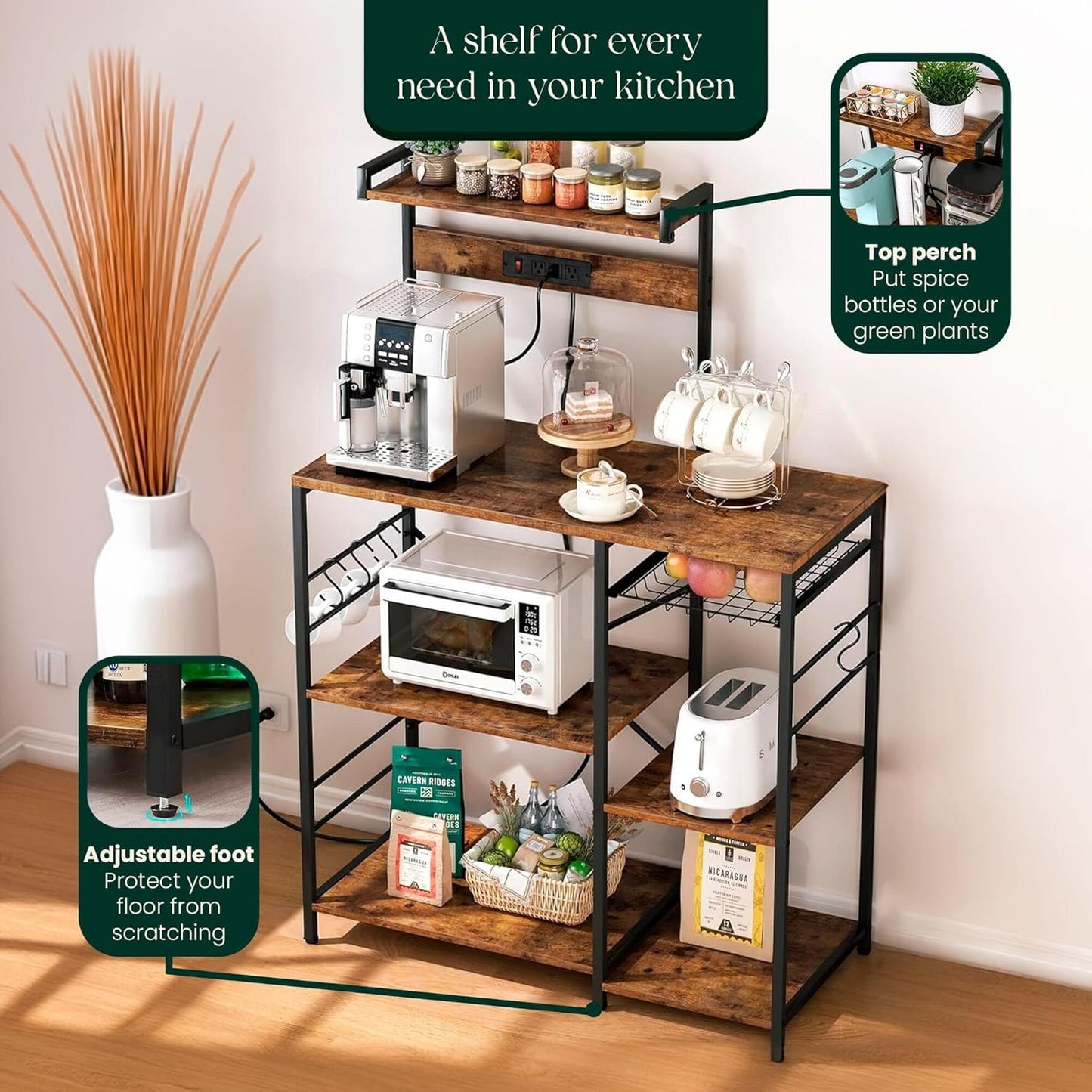 Kitchen Bakers Rack with Power Outlet & Hangers - 35.5x15.7x51.6 Kitchen Storage Rack Useful as Microwave Stand, Coffee Station and as Extra Shelves - Perfect for Organized & Stylish Kitchens