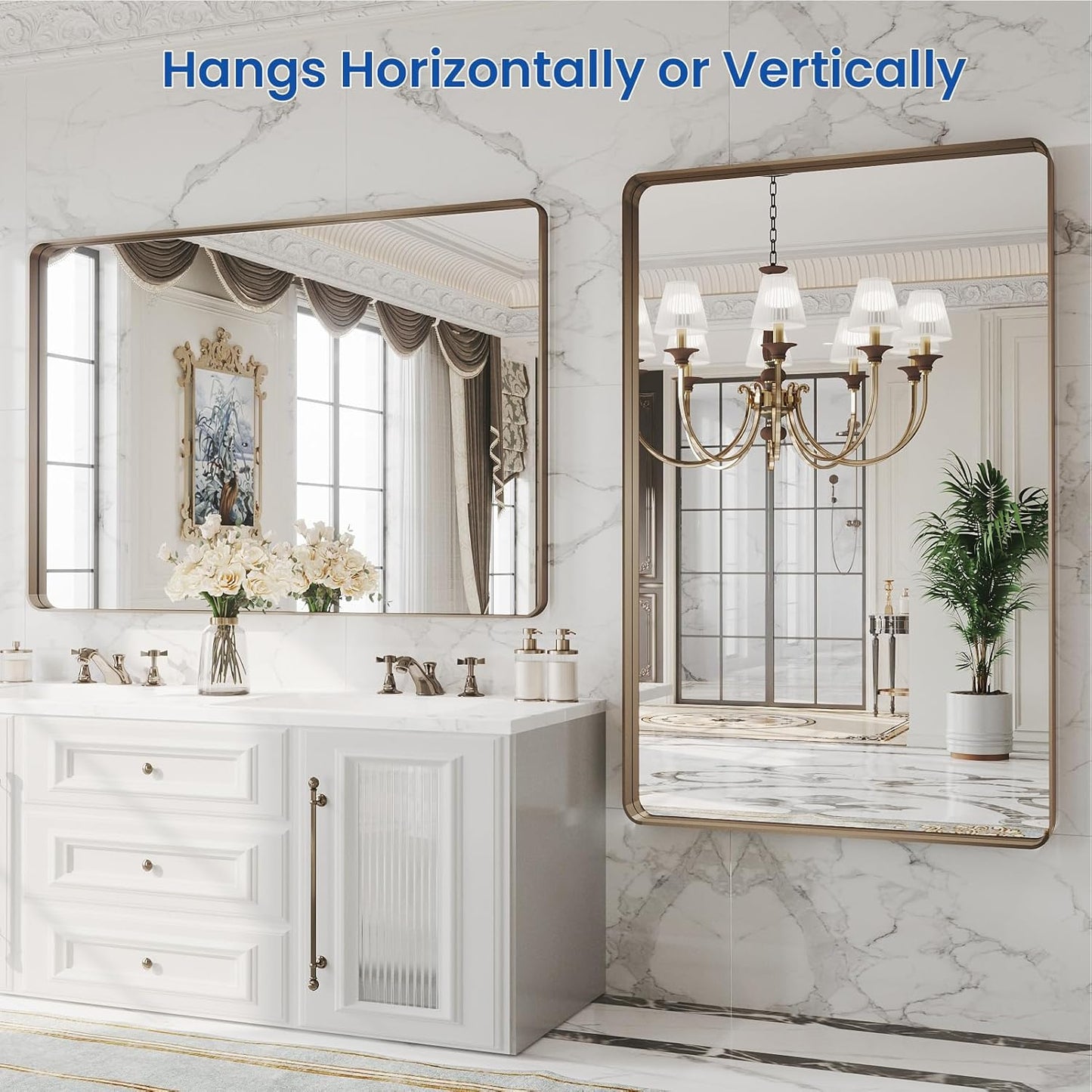 WEER Bronze Framed Modern Wall-Mounted Bathroom Mirror, 55"L x 36"W, Brushed Bronze Aluminum Frame, Shatterproof Tempered Glass, Rounded Rectangle, Horizontal/Vertical Mounting