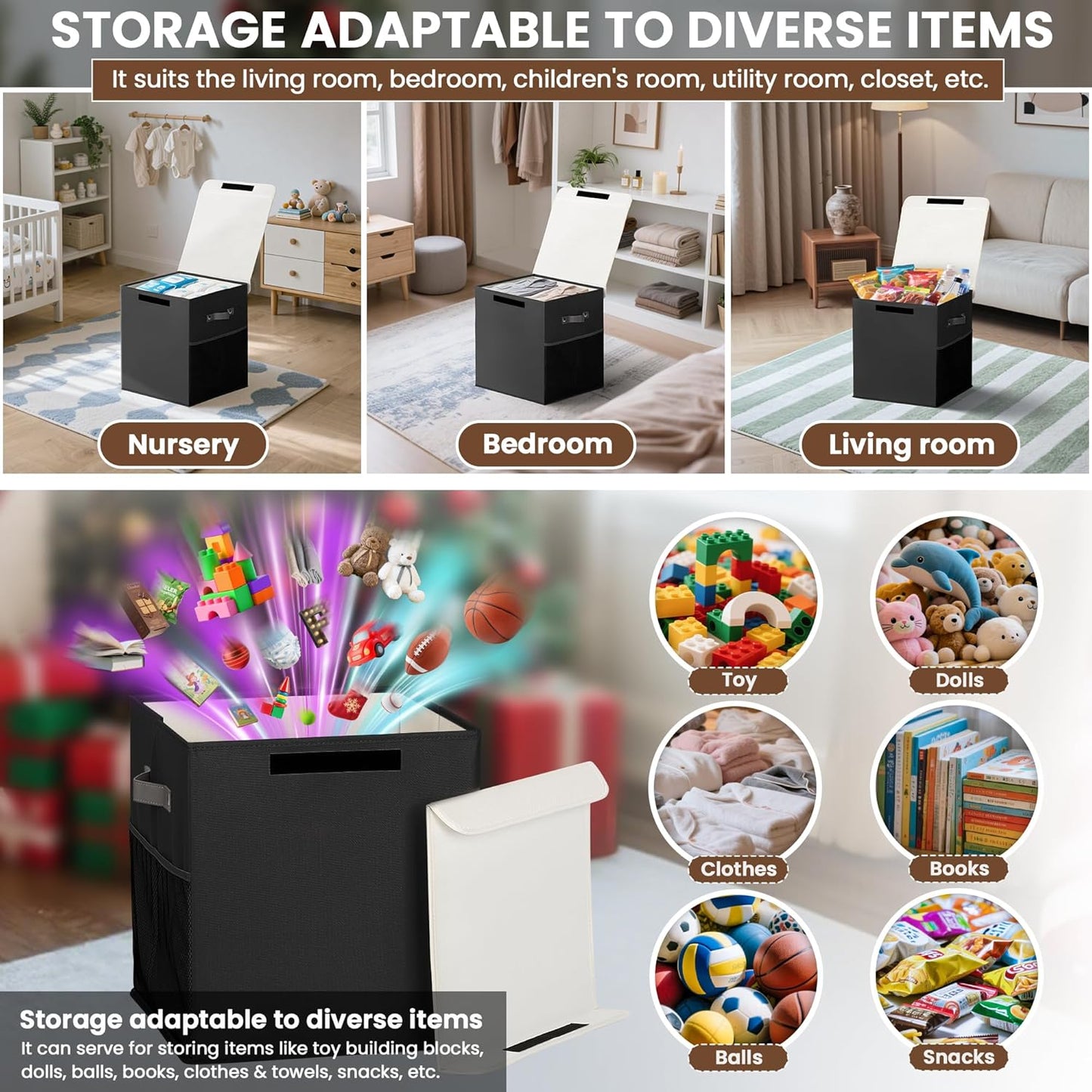 40L Large Toy Storage Box with Lid, Large Toy Box Chest for Kids, Girls and Boys, Nursery Room and Living Room, 13"x13" x16" - Black