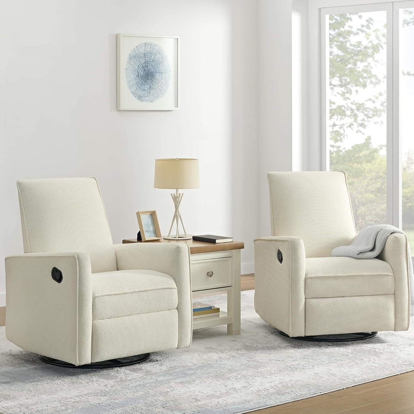 Upholstered Recliner Swivel Glider Nursery Chair Reclining Performance Fabric Rocker with Metal Base,Basketweave,Cream