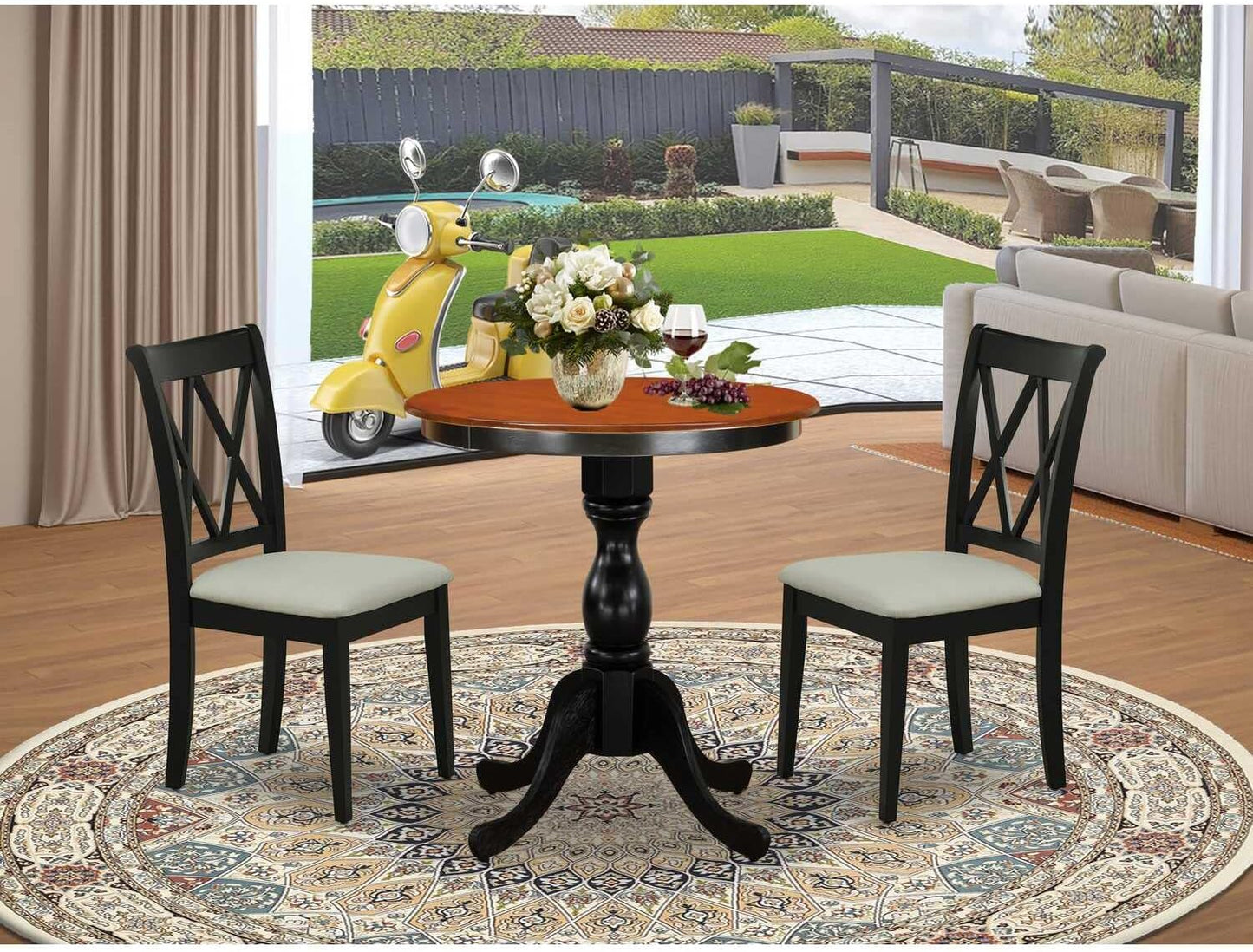 East West Furniture ESBR3-BCH-17 3 Piece Dining Table Set Contains a Round Dining Room Table with Pedestal and 2 Light Sable Linen Fabric Upholstered Chairs, 30x30 Inch, Black & Cherry