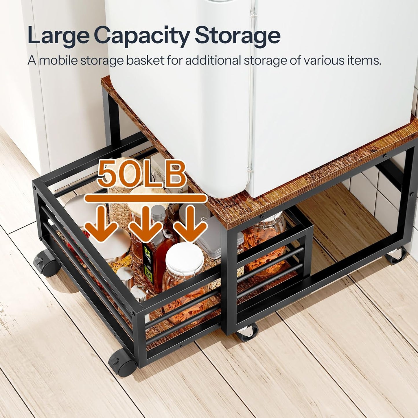 HOOBRO Mini Fridge Stand with Movable Storage Basket, Mini Fridge Cabinet with Wheels and Adjustable Feet, Sturdy Metal Frame, for Home, Apartment,Office, Dorm, Rustic Brown and Black BF155TL01