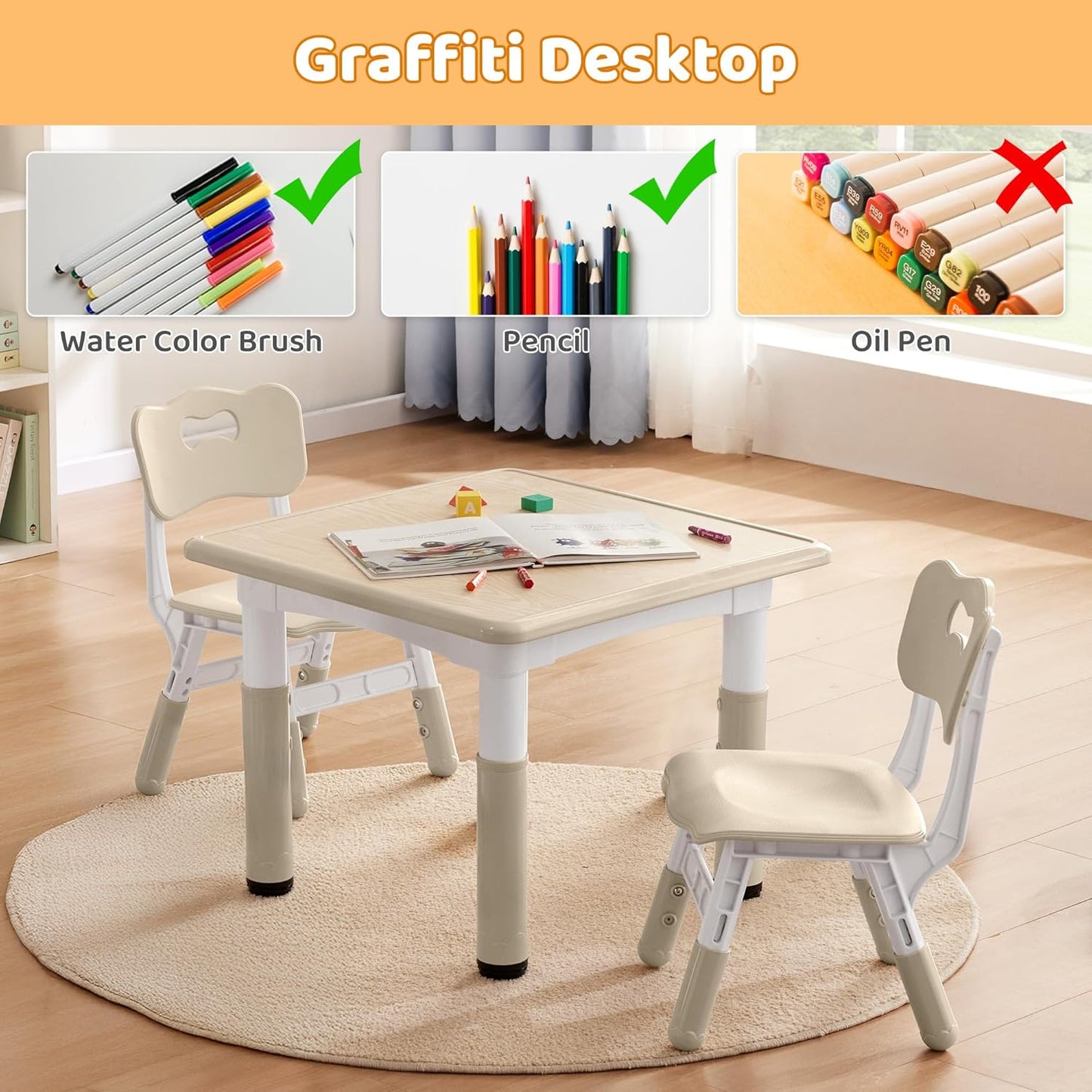 Kids Table & Chairs Set (2 Chairs) Height Adjustable for Ages 2-8 | Non-Slip Toddler Activity Table with Wipe-Clean Desktop, Montessori Learning & Art Drawing Table for Home Preschool