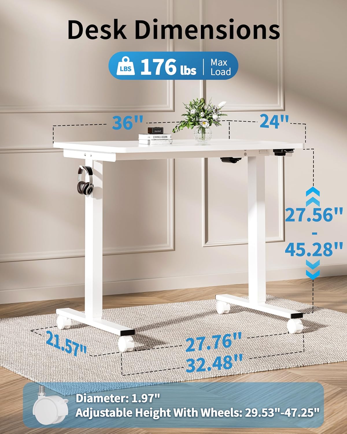 Okin Small Electric Standing Desk, 36" x 24" Whole Piece Height Adjustable Desk, White Sit to Stand Computer Workstation with Wheels for Home Office