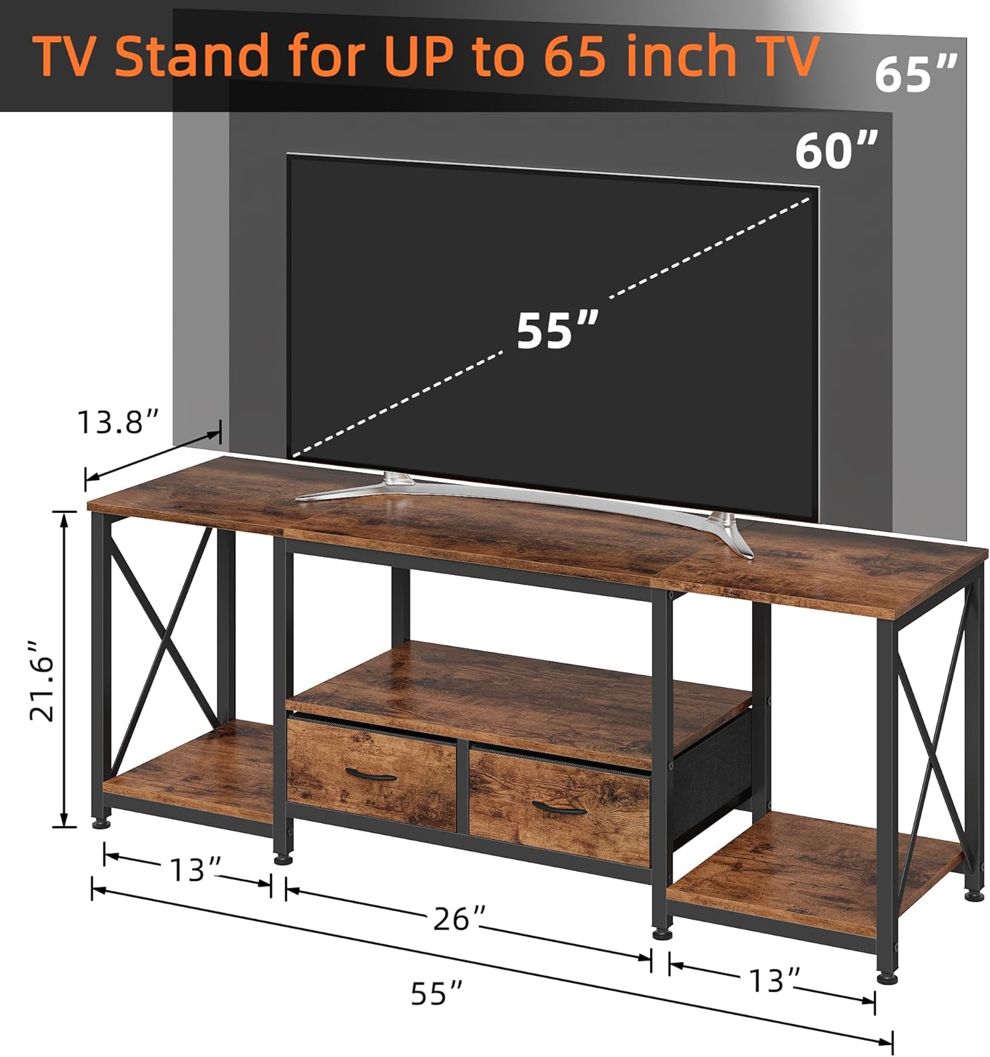 TV Stand with Fabric Drawer - Entertainment Center and Industrial TV Console Table with Open Storage Shelves for Living Room, Bedroom - 55.1" Rustic Brown