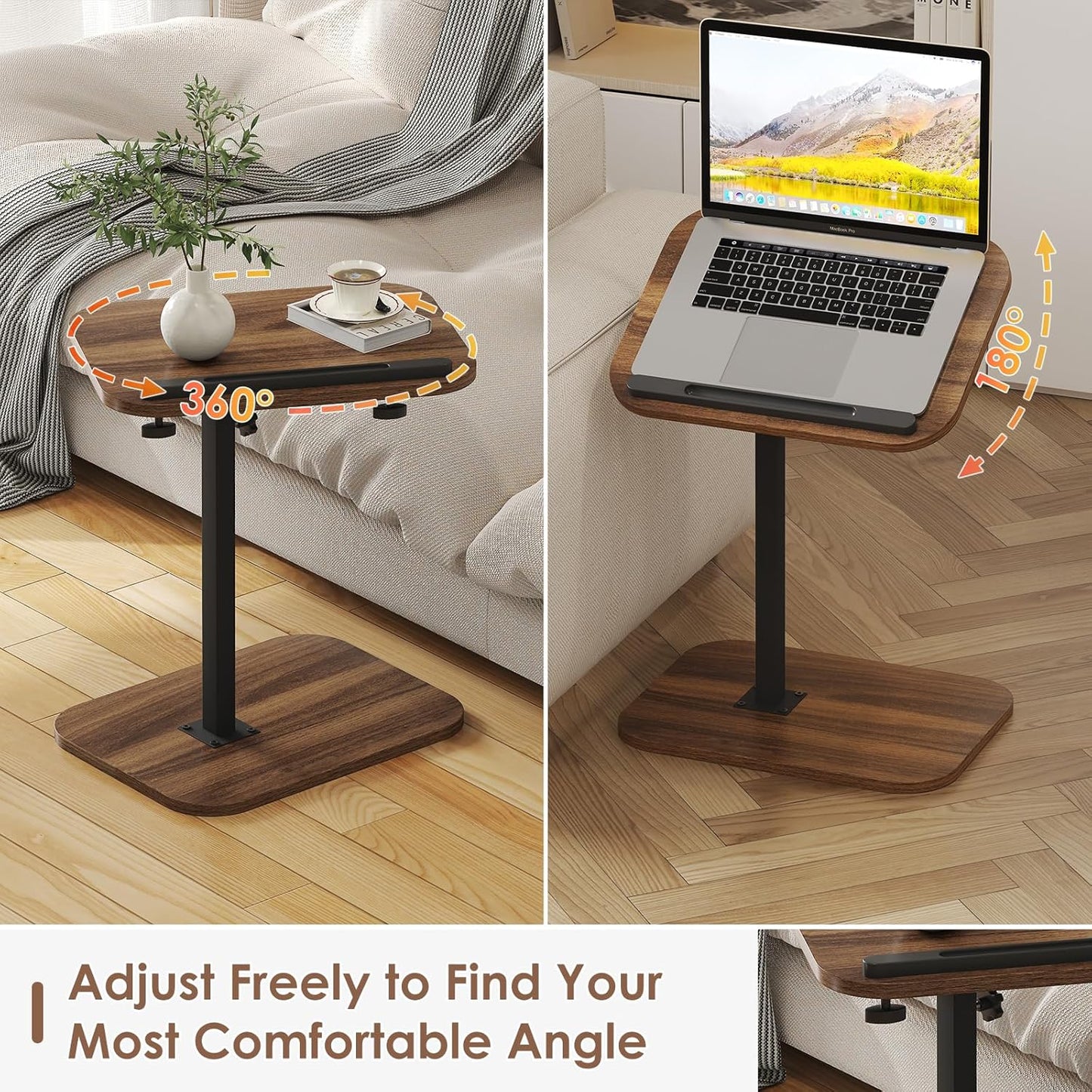 Sofa Couch Arm Table Tv Tray Small Bed Stand C Shaped Side End Tables for Living Room, Bedroom, Bedside Walnut