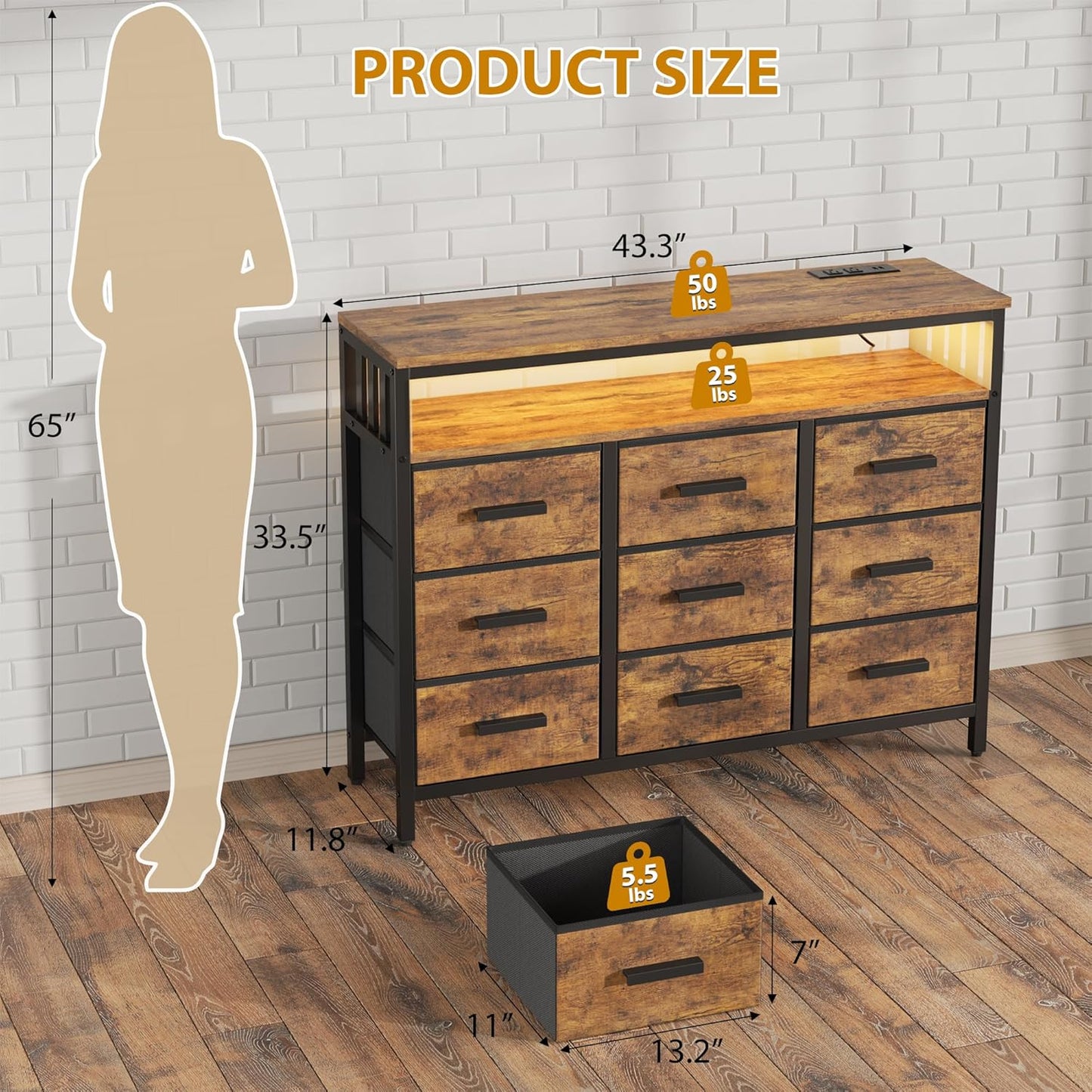 9 Drawer Dresser TV Stand up to for 50” TV with LED Lights & Power Outlets, Entertainment Center with Open Shelf, Media Console, Large Storage Dresser for Bedroom (Rustic Brown)