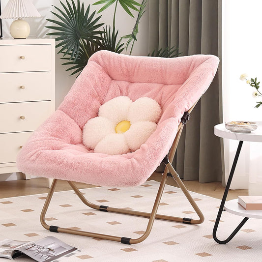 Modern Pink Faux Fur Foldable Metal Frame Recliner Chair for Bedroom, Living Room, Balcony