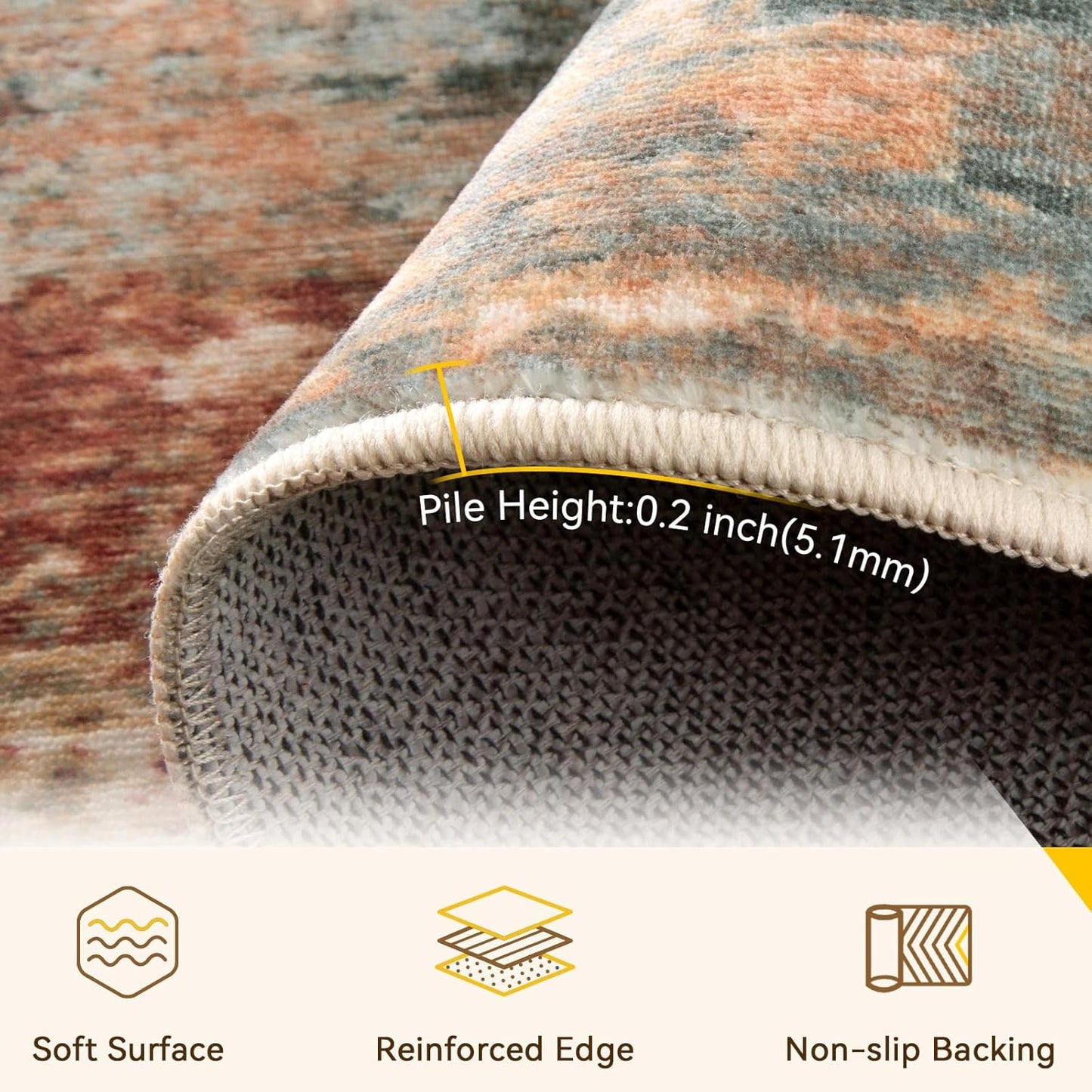 Washable Area Rugs 8ft Non-Slip Modern Abstract Soft for Living Room Entryway Bedroom Nursery, Print Pattern, Brown Rust Red Multi