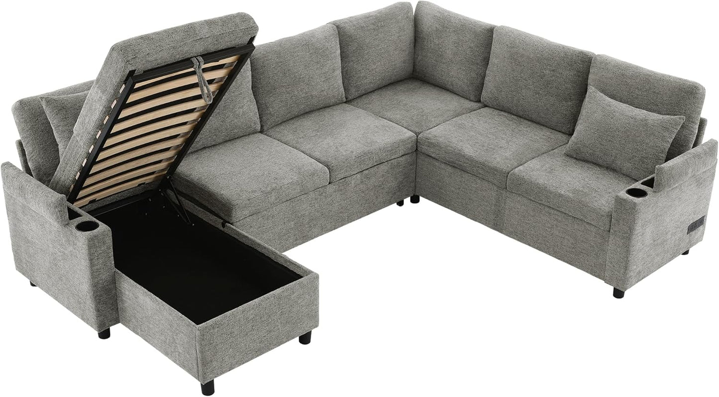 Eafurn Oversized U Shaped Sectional Sleeper Sofabed Pull Out Couch Bed for Living Room 6 Seater Upholstered Convertible Pullout Lounge Sofa Couch w/Storage Chaise, USB Ports for Living Room Apartment