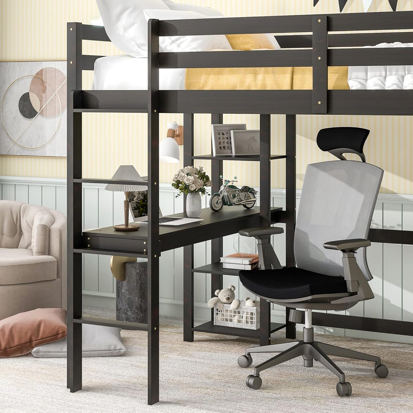 HomSof Full Loft Bed with Desk and Shelves,Espresso