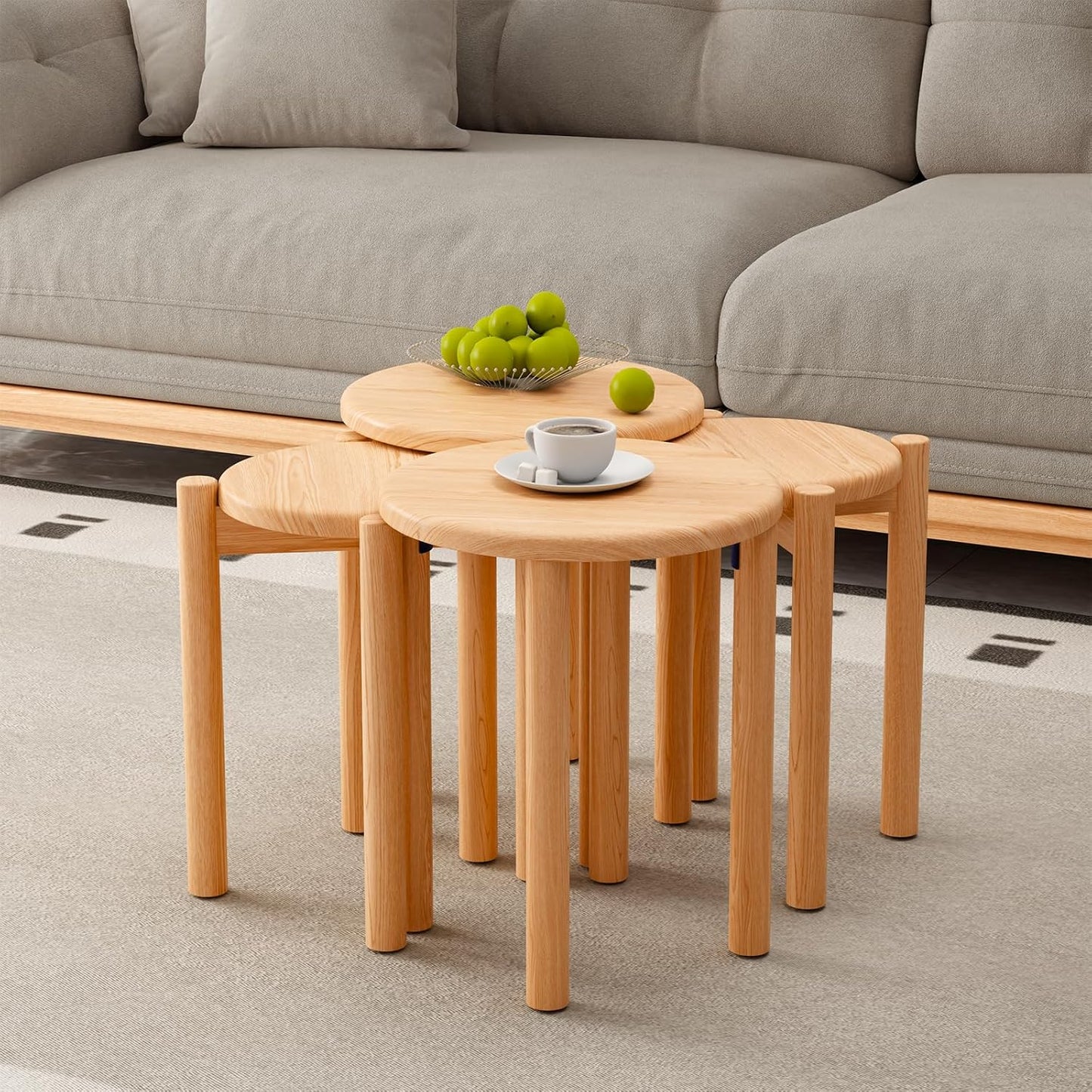 Stackable Stools Set of 4 Wooden Stools 18 Inch Stool Nesting Side Tables Nesting Coffe Table Sturdy and Durable,No Installation Required,Top Stackable Stool for Saving Space(Natural Bar stools)