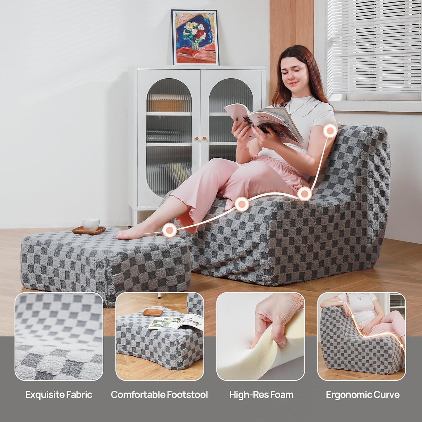 Giant Bean Bag Chair for Adults with Ottoman, Teddy Fabric Beanbag Chair with Memory Foam Filled,Plush Lazy Floor Sofa with Footstool Couch for Living Room,Bedroom,Dorm, Apartment, Grey